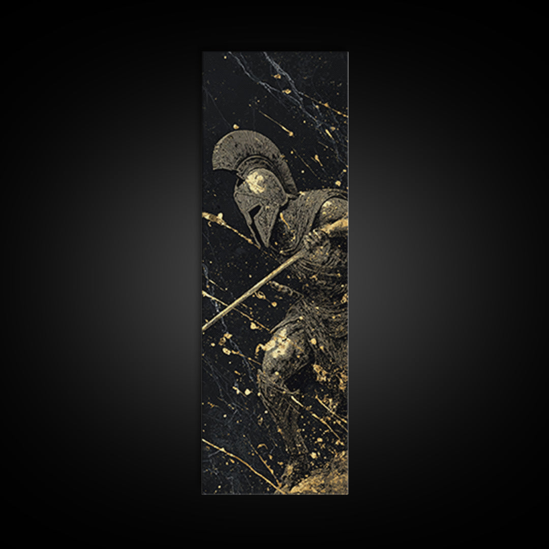 Heroic Spartan Warrior, Gold Canvas Print, Ancient Greek Wall Art, Real Wood Frame Decor, Battle Ready Soldier Artwork