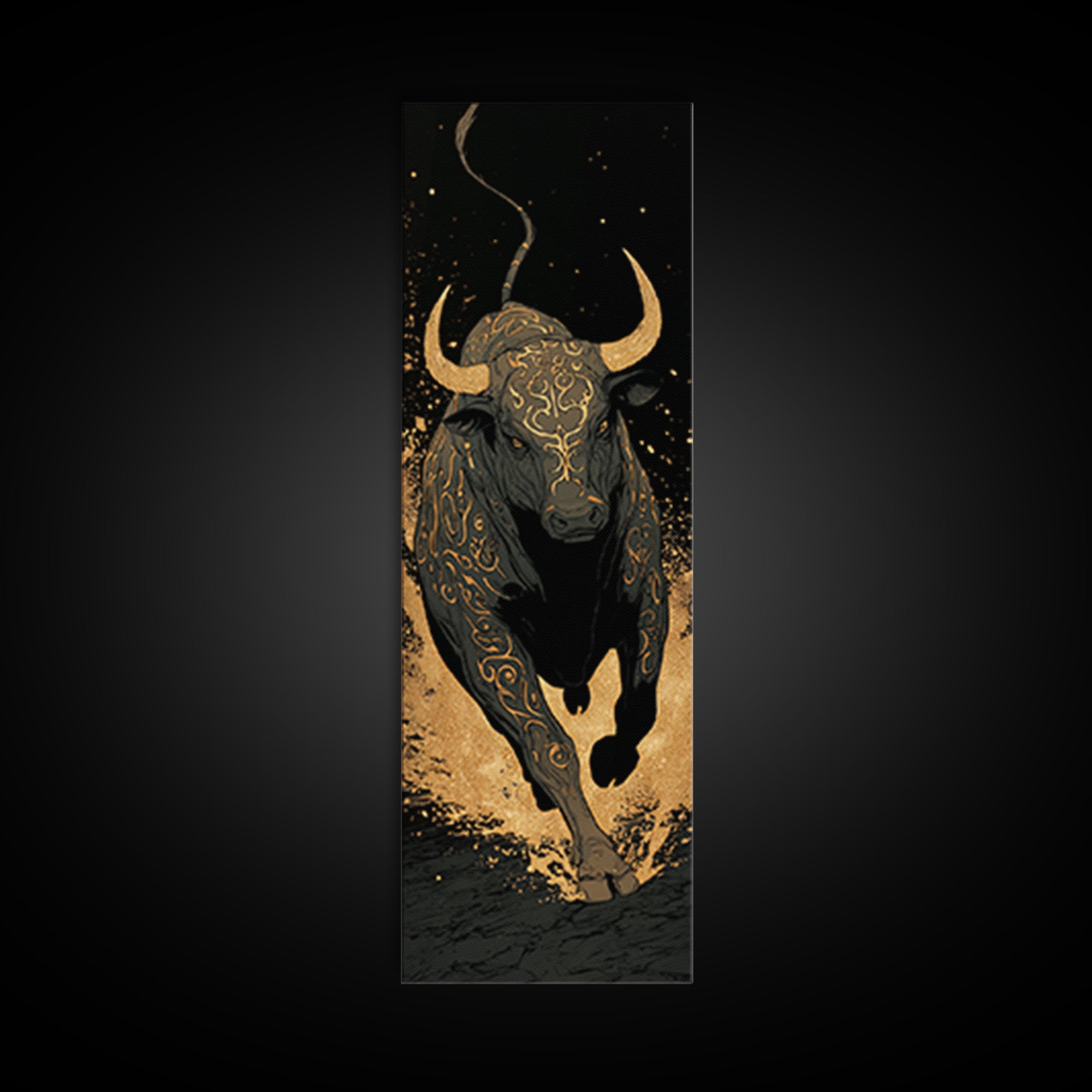 Charging Bull - Gold Canvas Wall Art - Wood Framed Canvas Art, Taurus Wall Art, Golden Runic Bull Painting Print, Canvas Art