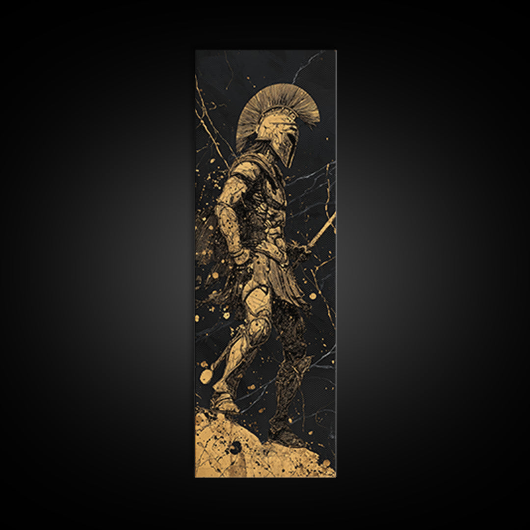 Greek Warrior Silhouette Gold Canvas Art, Ancient Spartan Wall Print, Real Wood Frame, Mythology Inspired Gold Soldier Decor