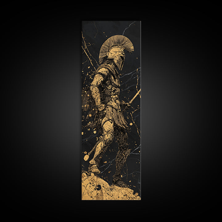 Greek Warrior Silhouette Gold Canvas Art, Ancient Spartan Wall Print, Real Wood Frame, Mythology Inspired Gold Soldier Decor
