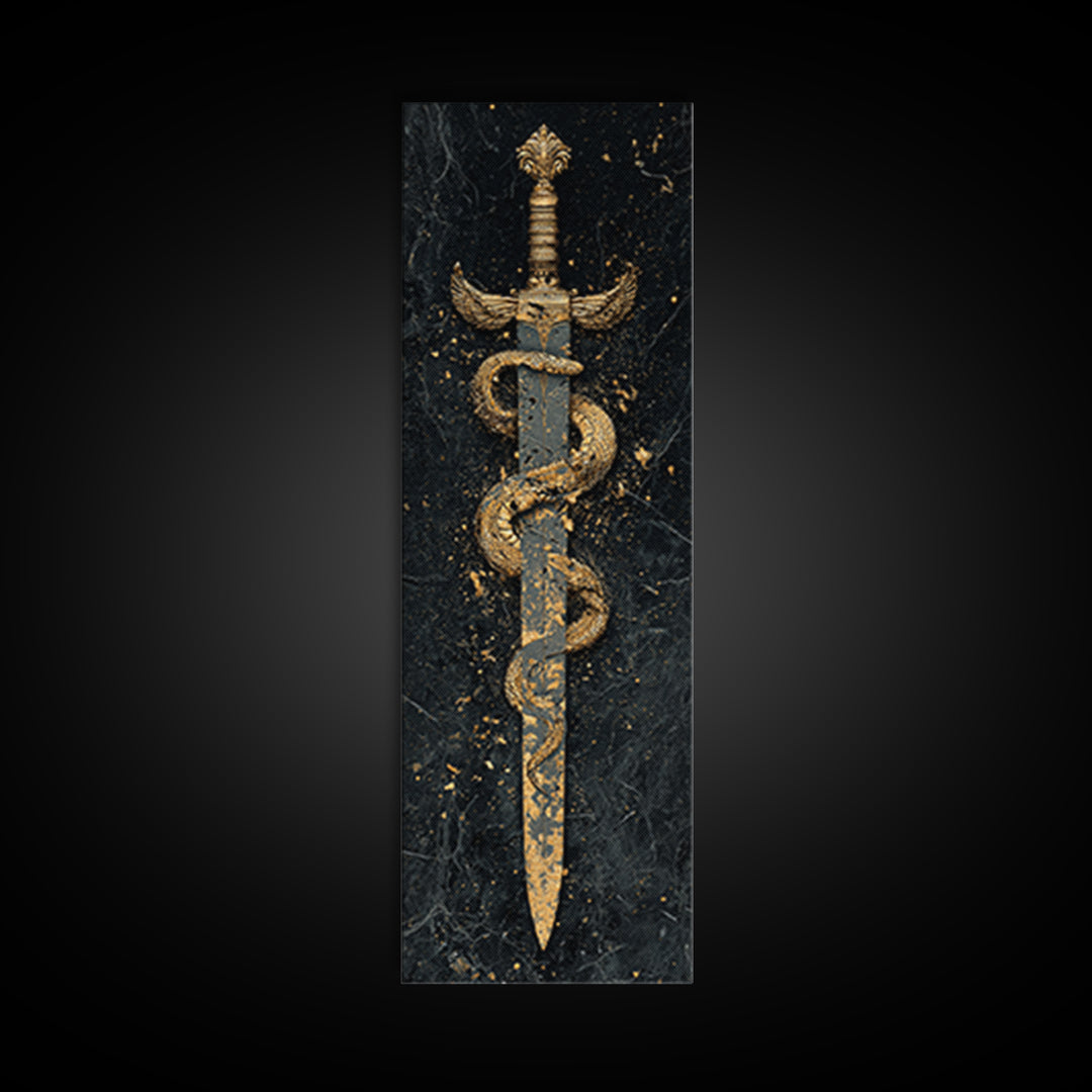 Gold Canvas Print, Sword And Serpent Wall Art, Mythical Weapon Artwork, Real Wood Frame Decor