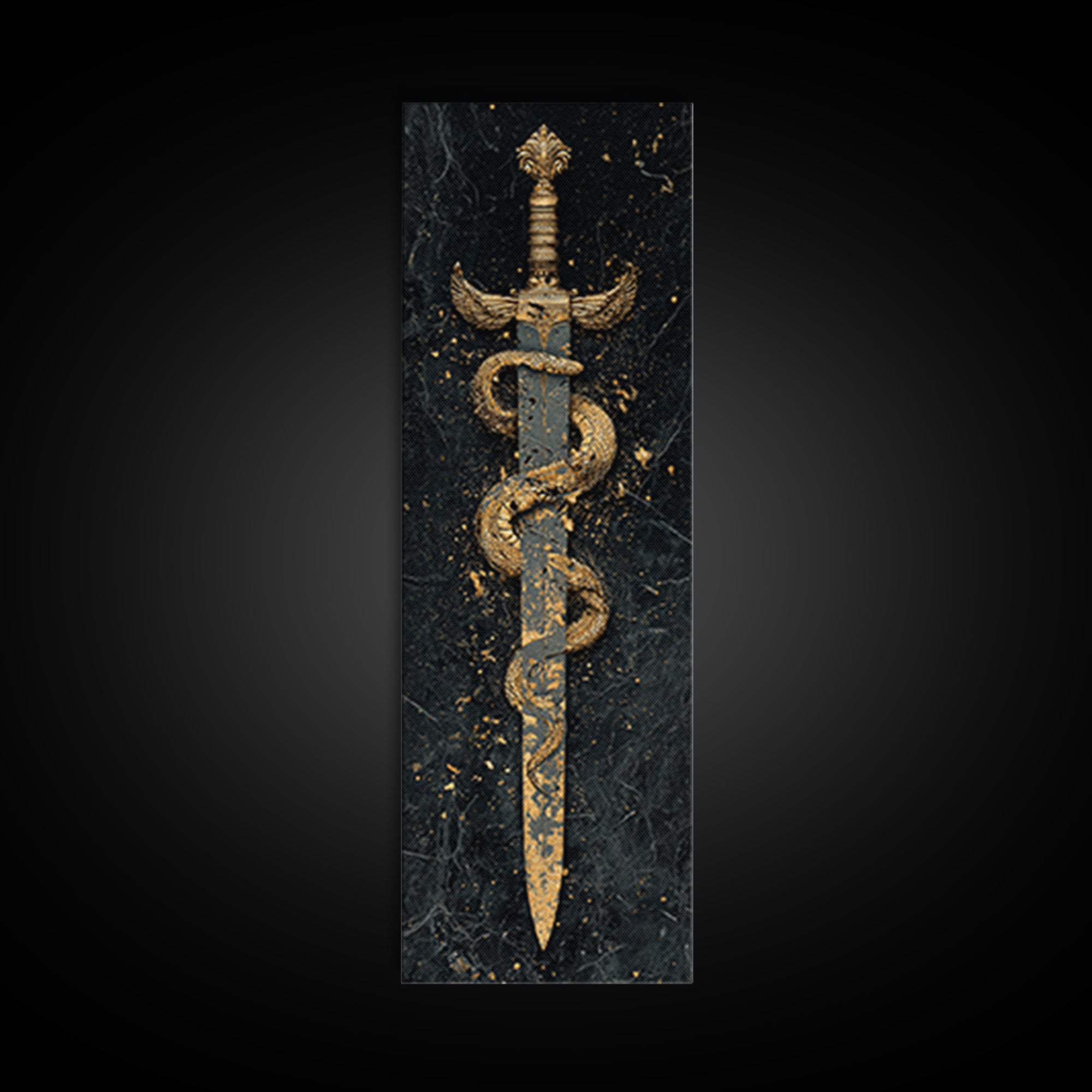 Gold Canvas Print, Sword And Serpent Wall Art, Mythical Weapon Artwork, Real Wood Frame Decor