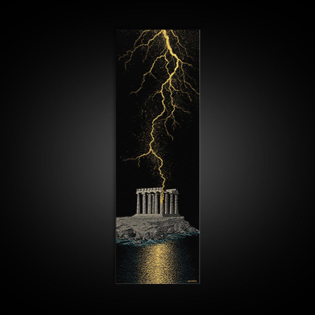 Gold Canvas Art, Zeus Lightning Temple Print, Ancient Greece Mythology Wall Decor, Real Wood Frame
