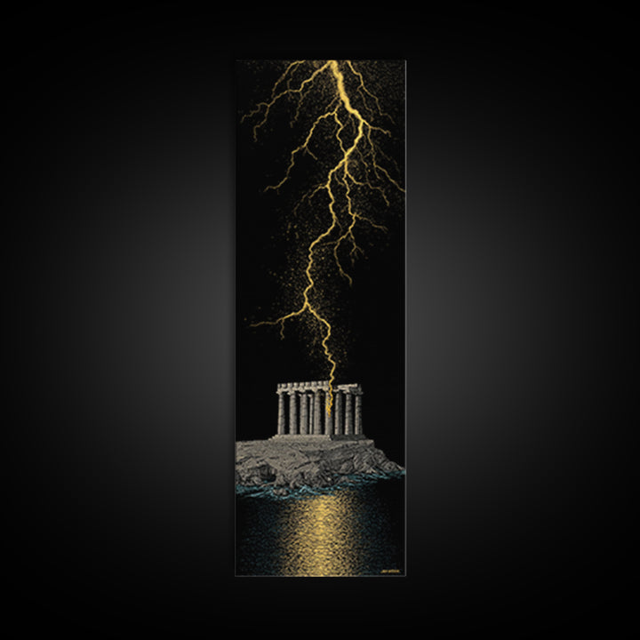 Gold Canvas Art, Zeus Lightning Temple Print, Ancient Greece Mythology Wall Decor, Real Wood Frame