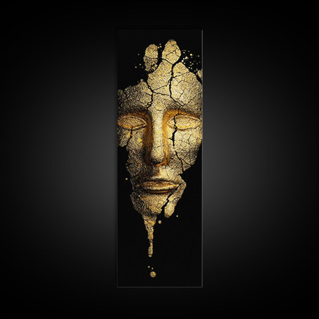 Gold Canvas Print, Cracked Golden Mask Wall Art, Mythical Face Artwork, Real Wood Frame Decor