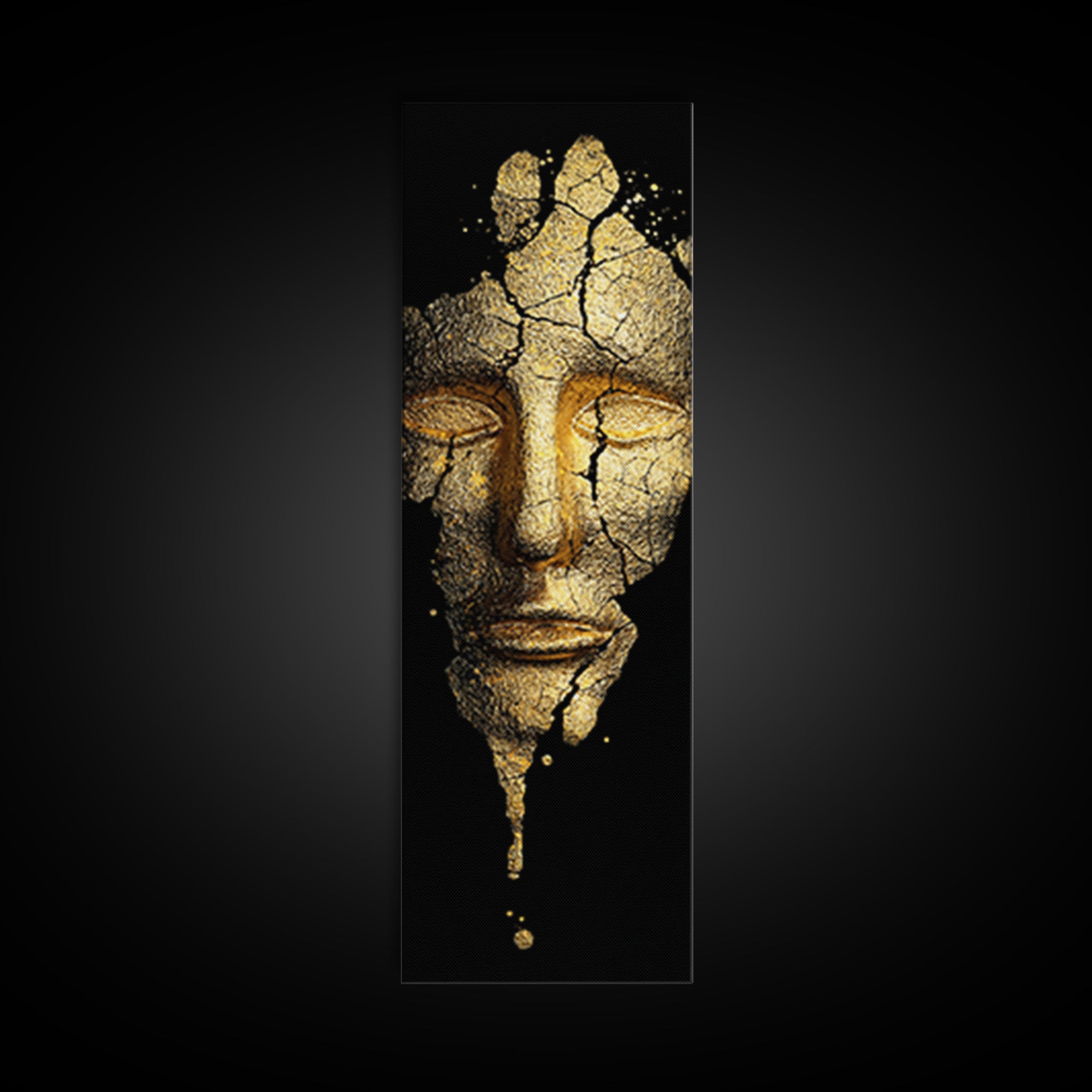 Gold Canvas Print, Cracked Golden Mask Wall Art, Mythical Face Artwork, Real Wood Frame Decor