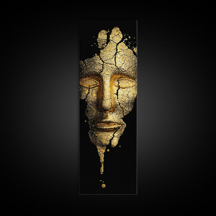 Gold Canvas Print, Cracked Golden Mask Wall Art, Mythical Face Artwork, Real Wood Frame Decor