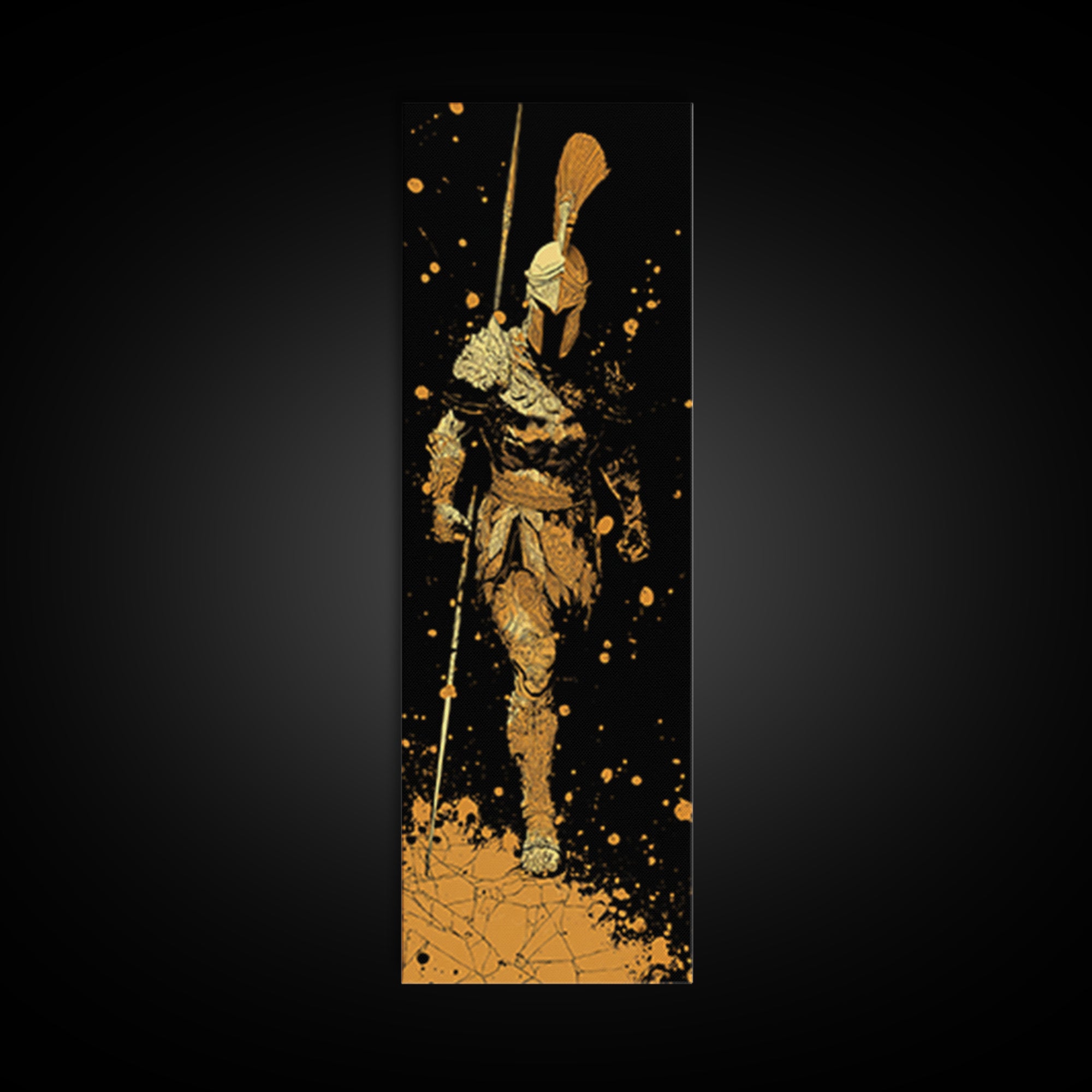 Gold Canvas Art, Greek Warrior Spear Print, Spartan Armor Wall Decor, Real Wood Frame Home Artwork