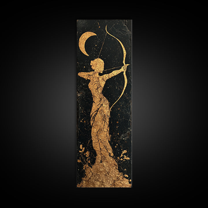 Gold Canvas Art, Artemis Moon Goddess Print, Bow And Arrow Wall Decor, Real Wood Frame Greek Artwork