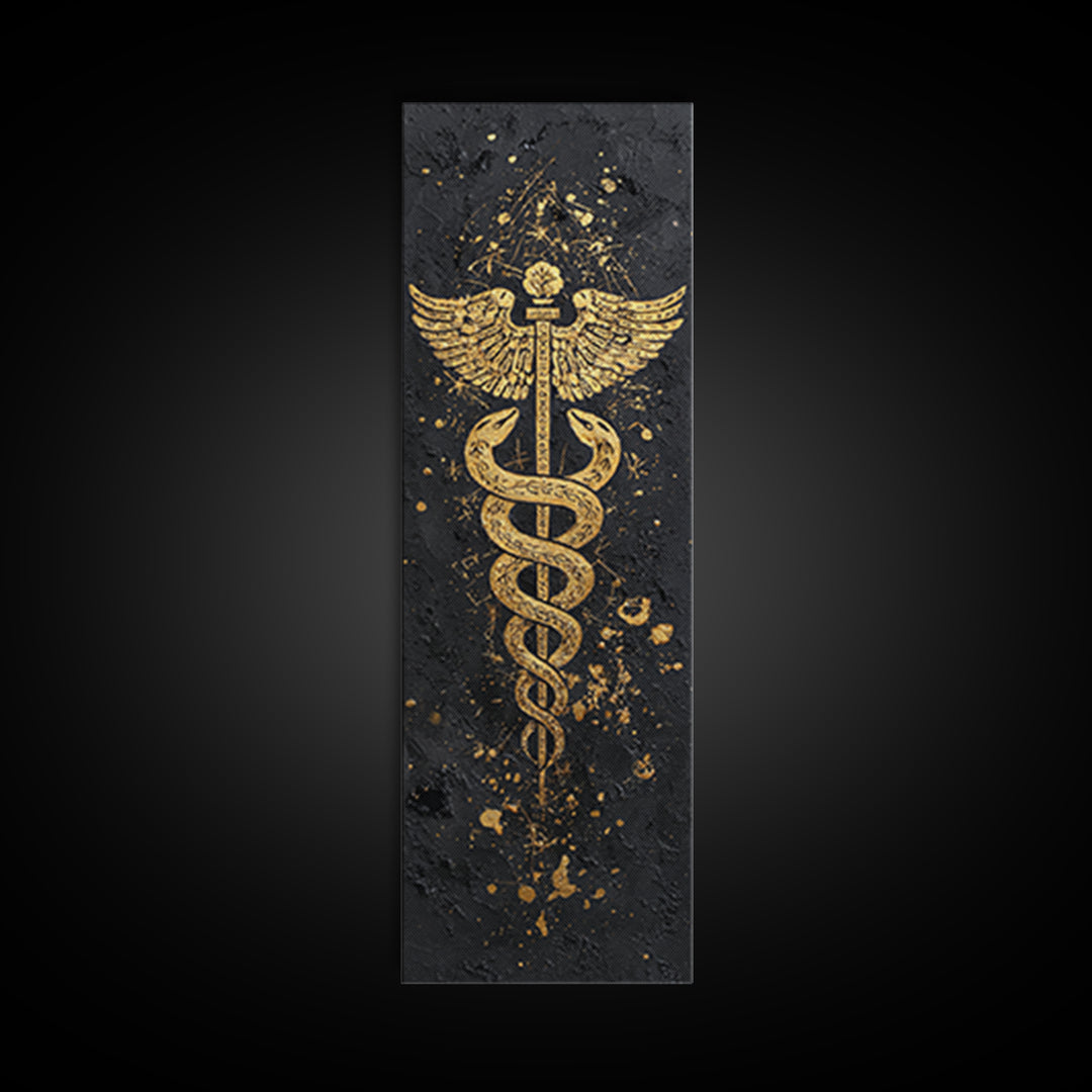 Gold Canvas Print, Caduceus Serpent Staff Wall Art, Hermes Symbol Decor, Real Wood Frame Artwork