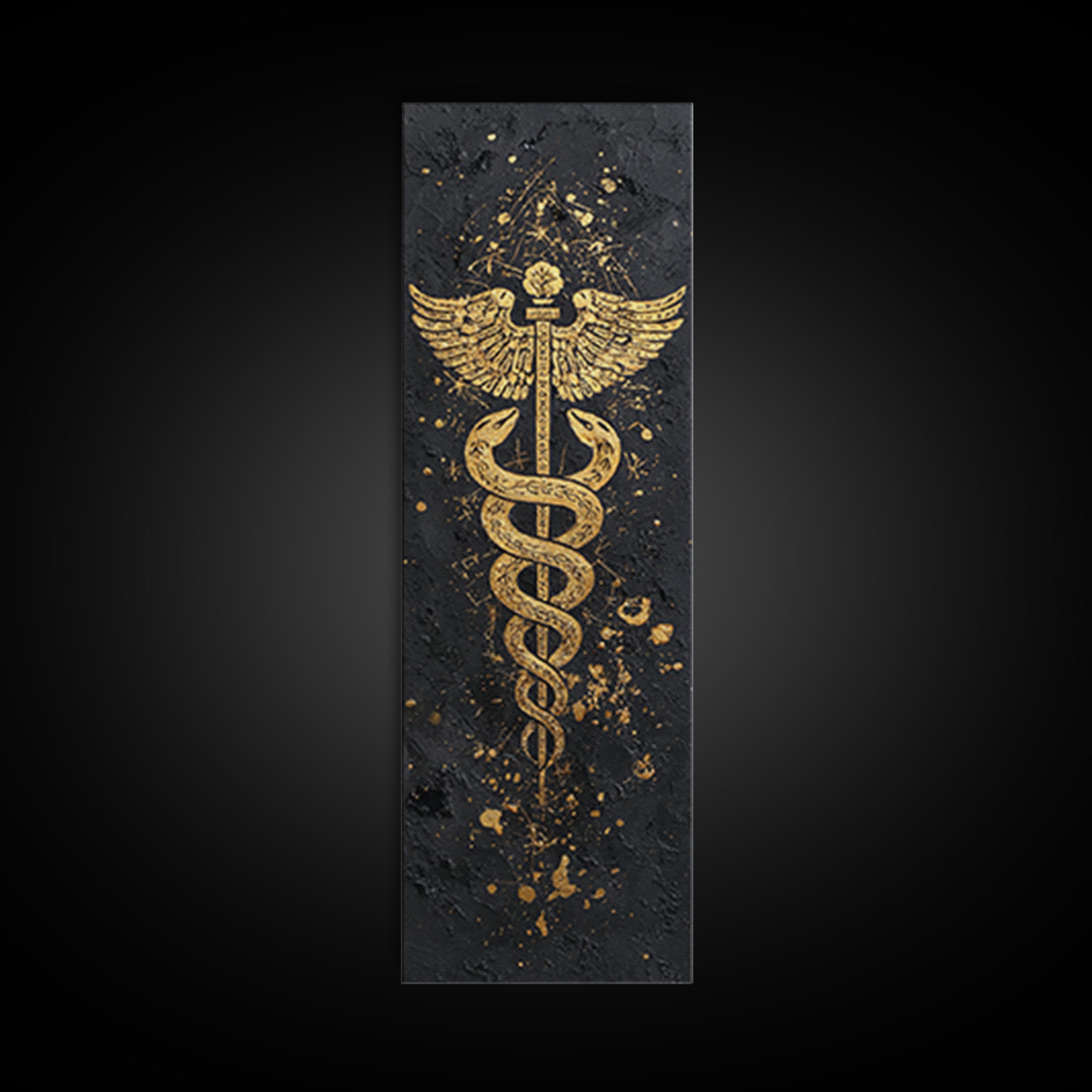 Gold Canvas Print, Caduceus Serpent Staff Wall Art, Hermes Symbol Decor, Real Wood Frame Artwork