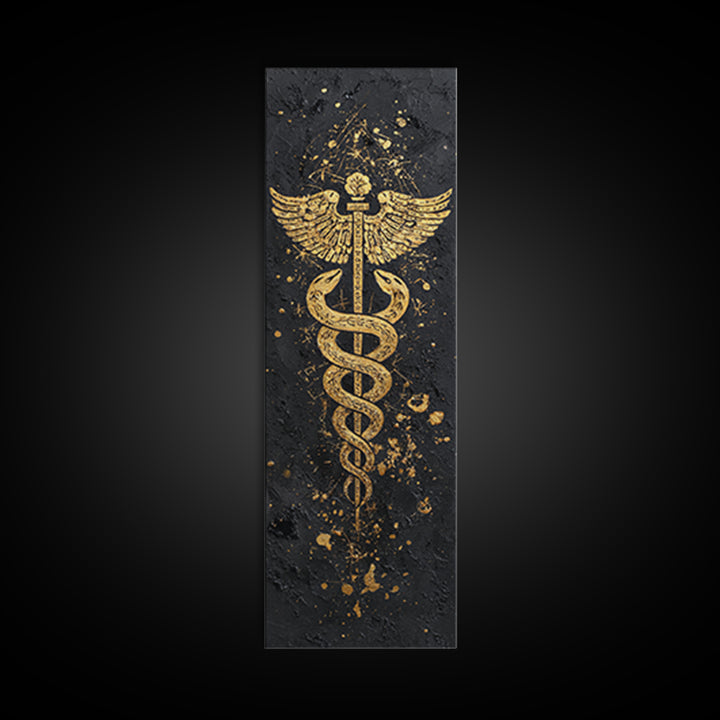 Gold Canvas Print, Caduceus Serpent Staff Wall Art, Hermes Symbol Decor, Real Wood Frame Artwork