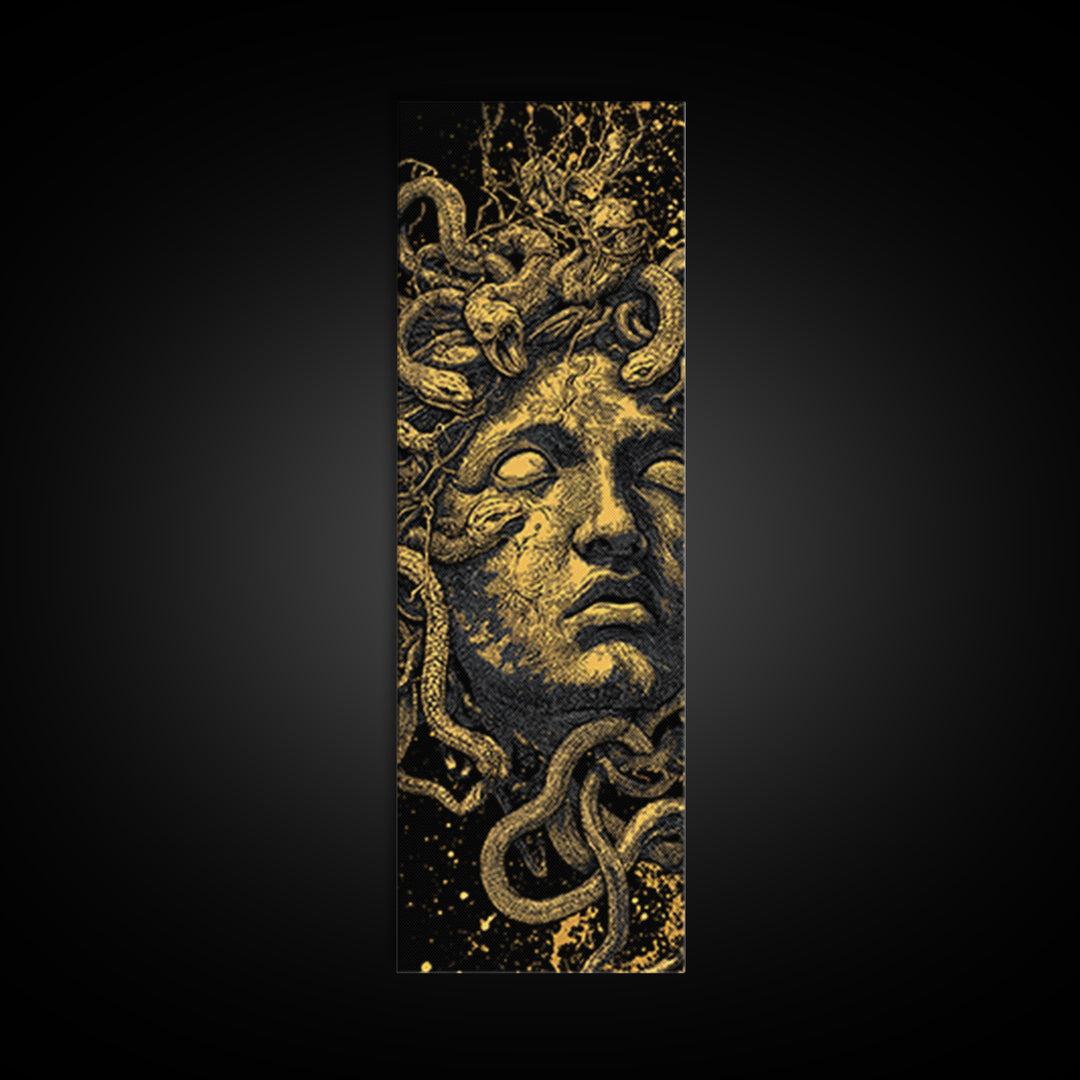 Medusa Gold Canvas Art, Greek Mythology Wall Print, Serpent Goddess Decor, Real Wood Framed Gold Mythical Artwork