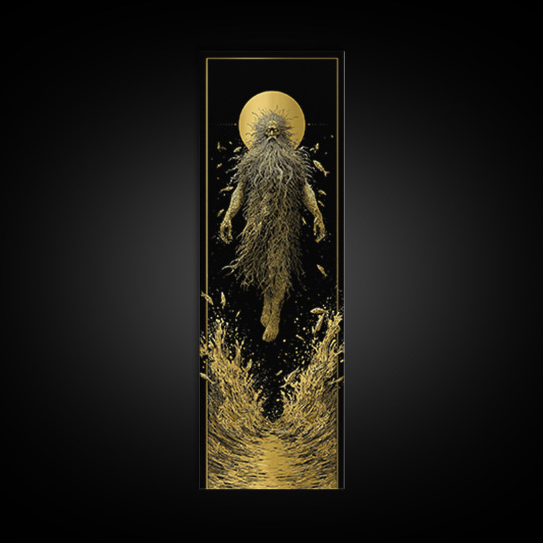Oceanus Greek Titan Gold Canvas Art, Sea God Wall Print, Mythical Water Deity Decor, Real Wood Framed Gold Artwork
