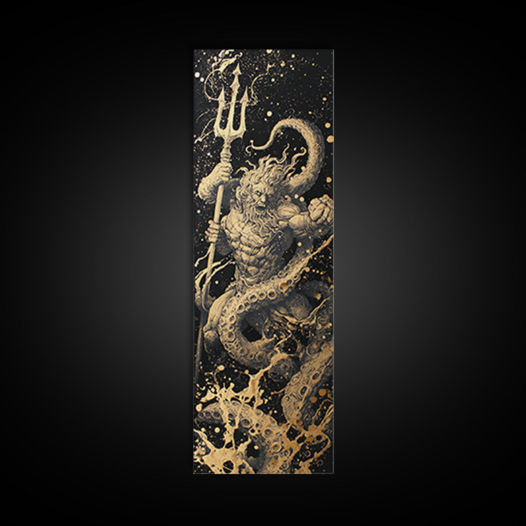 Poseidon Gold Canvas Art, Greek God Of The Sea Canvas Print, Mythology Ocean Decor, Real Wood Framed Gold Artwork