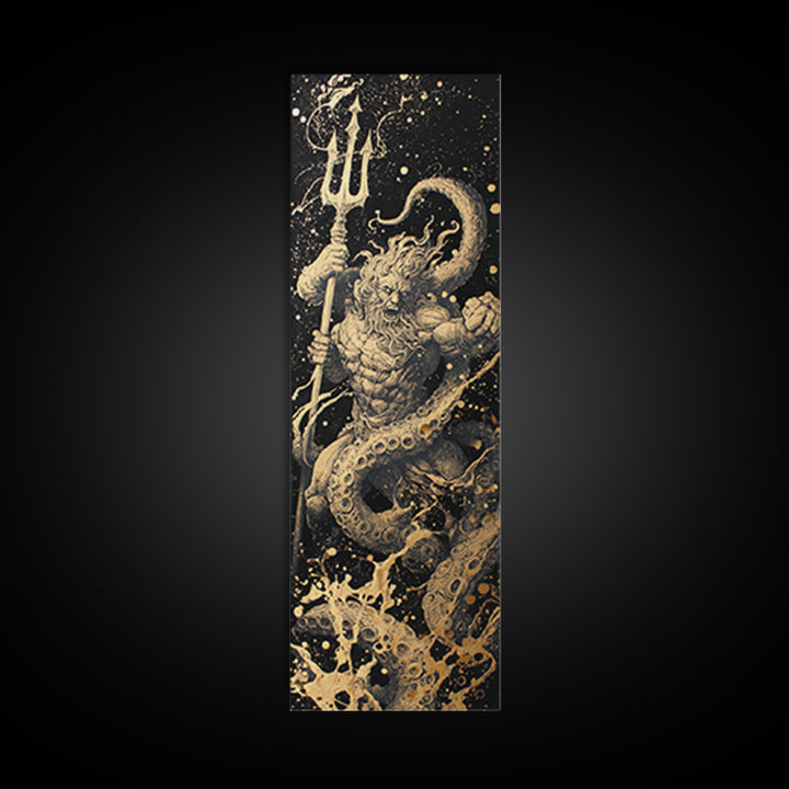 Poseidon Gold Canvas Art, Greek God Of The Sea Canvas Print, Mythology Ocean Decor, Real Wood Framed Gold Artwork