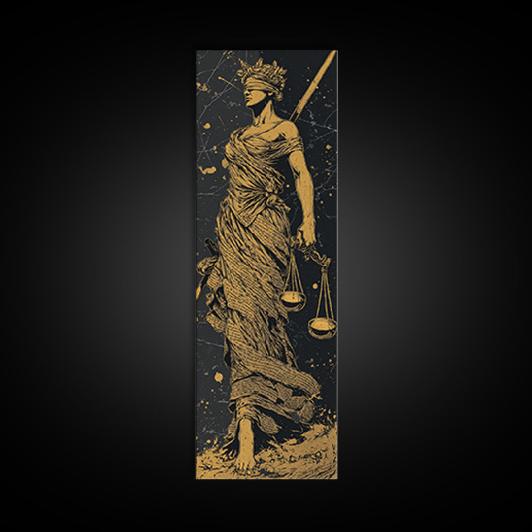 Themis Goddess Of Justice Gold Canvas Print, Blindfolded Lady Justice Wall Art, Scales Of Balance Decor, Real Wood Frame