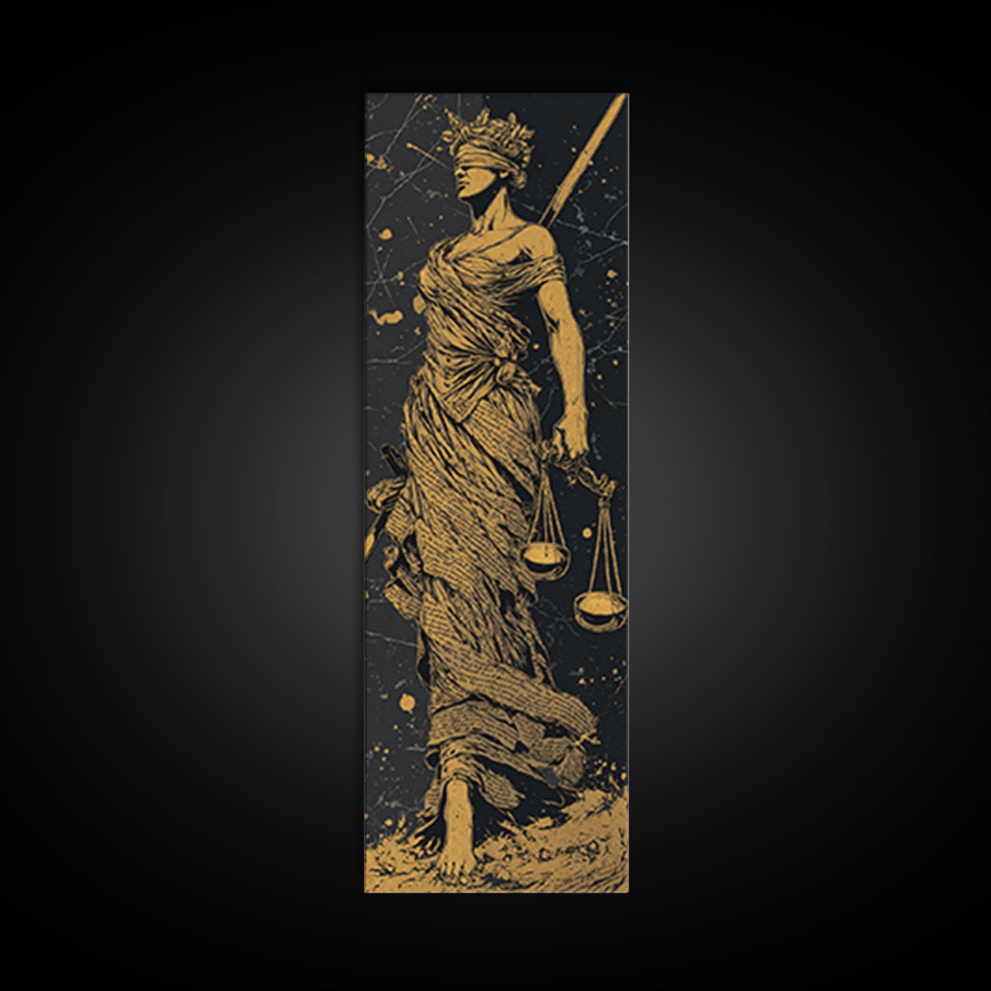 Themis Goddess Of Justice Gold Canvas Print, Blindfolded Lady Justice Wall Art, Scales Of Balance Decor, Real Wood Frame