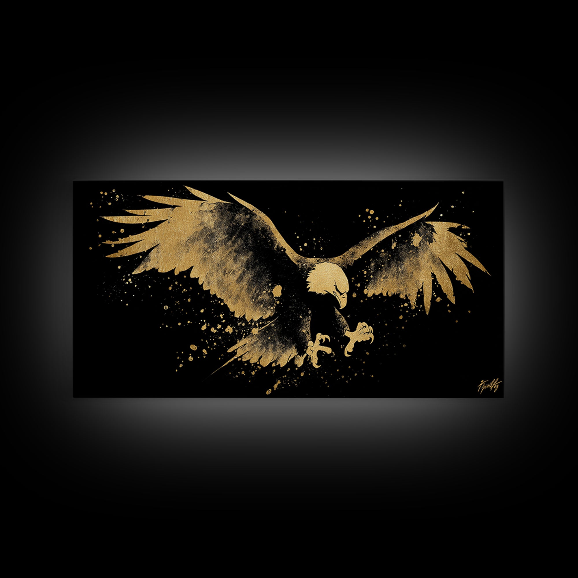 Eagle With Outstretched Wings, Gold Canvas Print, Real Wood Frame, Splatter Art, Majestic Bird Wall Decor