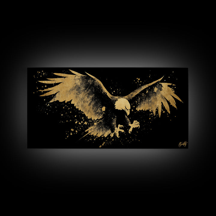 Eagle With Outstretched Wings, Gold Canvas Print, Real Wood Frame, Splatter Art, Majestic Bird Wall Decor