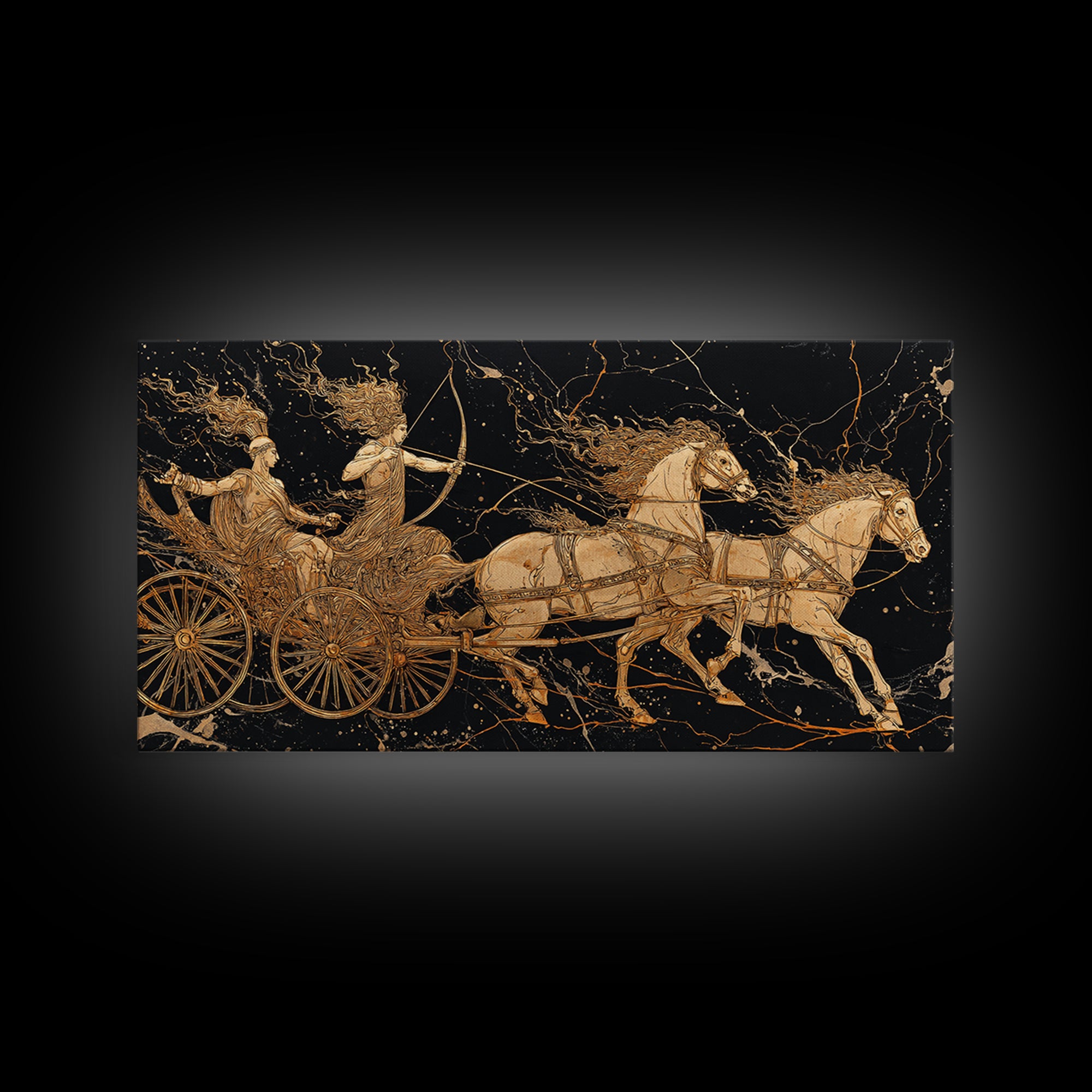 Greek Chariot Scene, Gold Canvas Art, Real Wood Frame, Mythology Inspired Wall Decor, Warriors And Horses Print