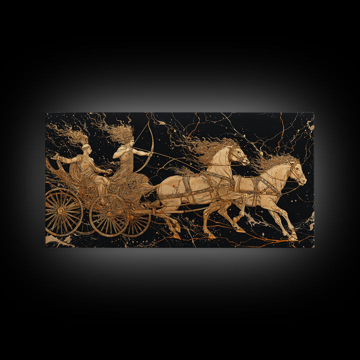 Greek Chariot Scene, Gold Canvas Art, Real Wood Frame, Mythology Inspired Wall Decor, Warriors And Horses Print