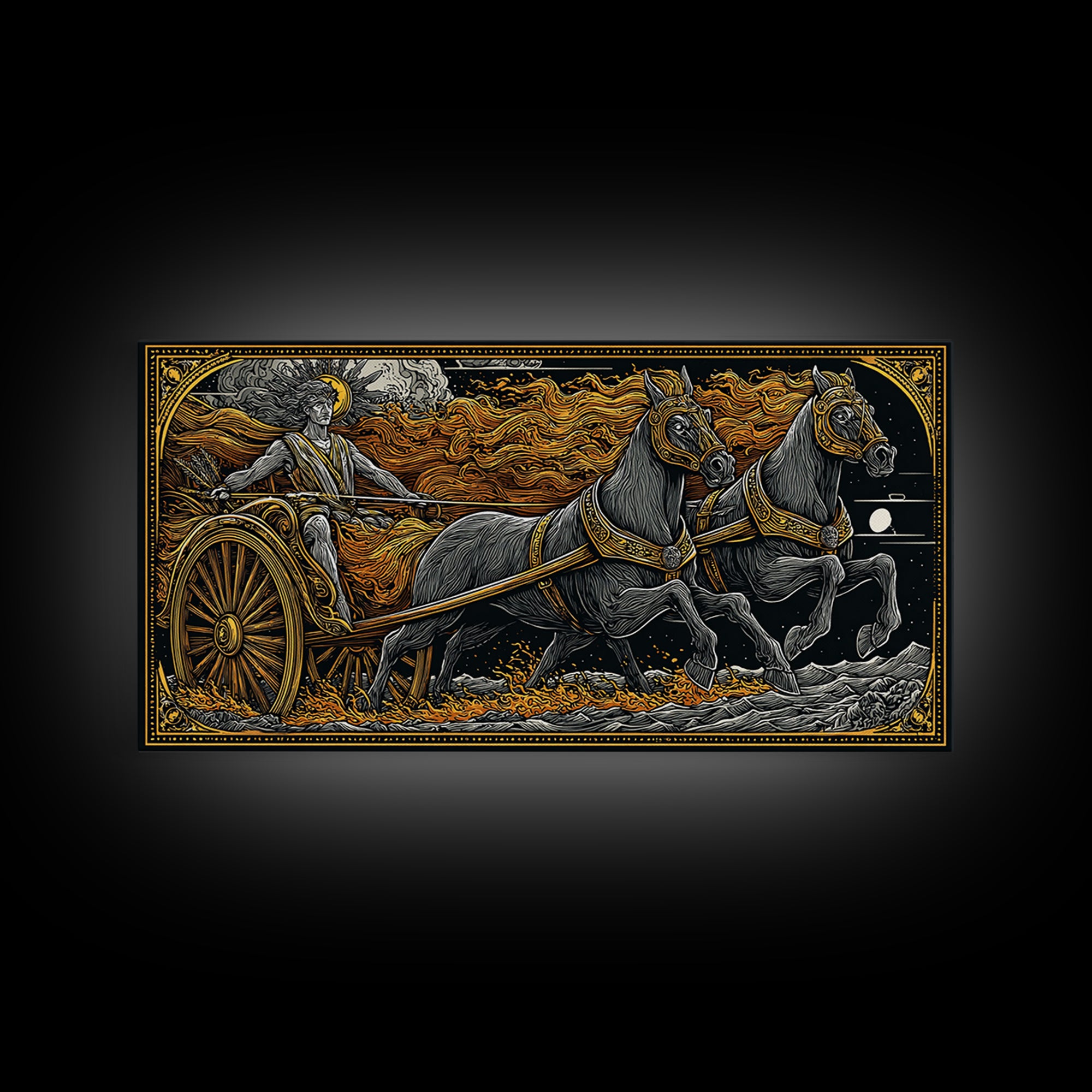 Chariot Of The Sun God, Gold Canvas Print, Real Wood Frame, Mythology Wall Art, Horse And Chariot Artwork