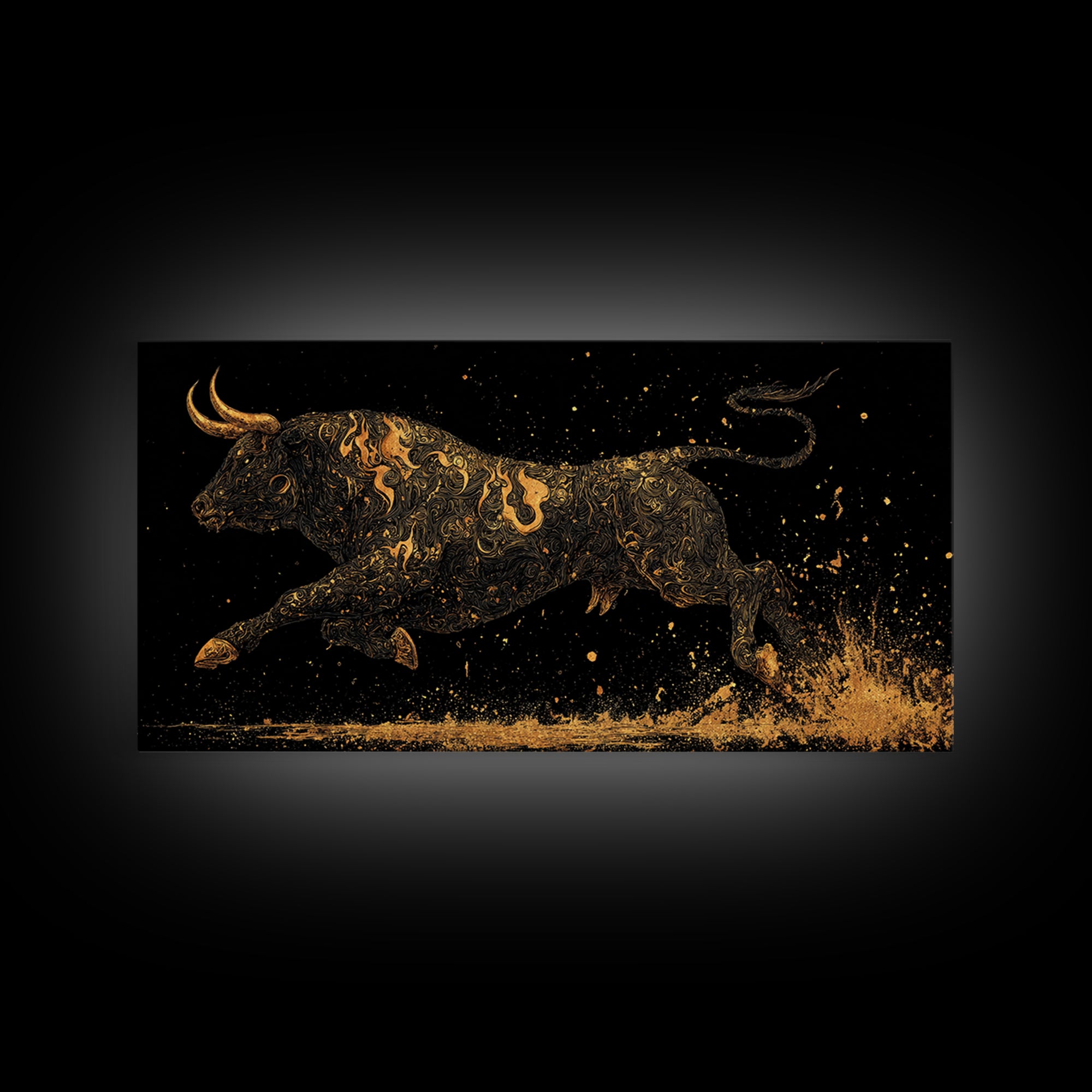 Golden Bull In Motion, Gold Canvas Art, Real Wood Frame, Dynamic Animal Wall Decor, Mythology Inspired Artwork
