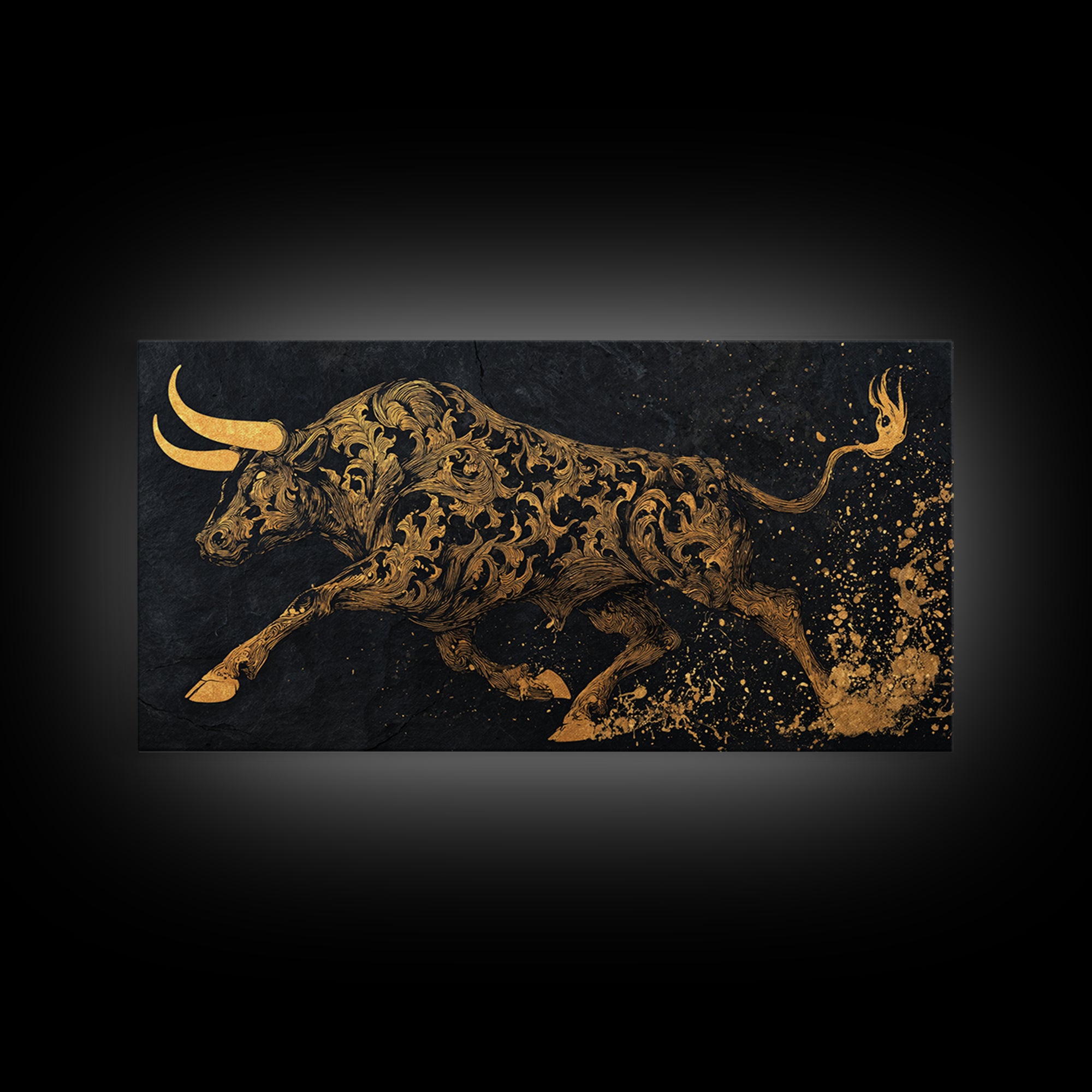 Ornate Golden Bull, Gold Canvas Print, Real Wood Frame, Decorative Animal Artwork, Powerful Bull Illustration