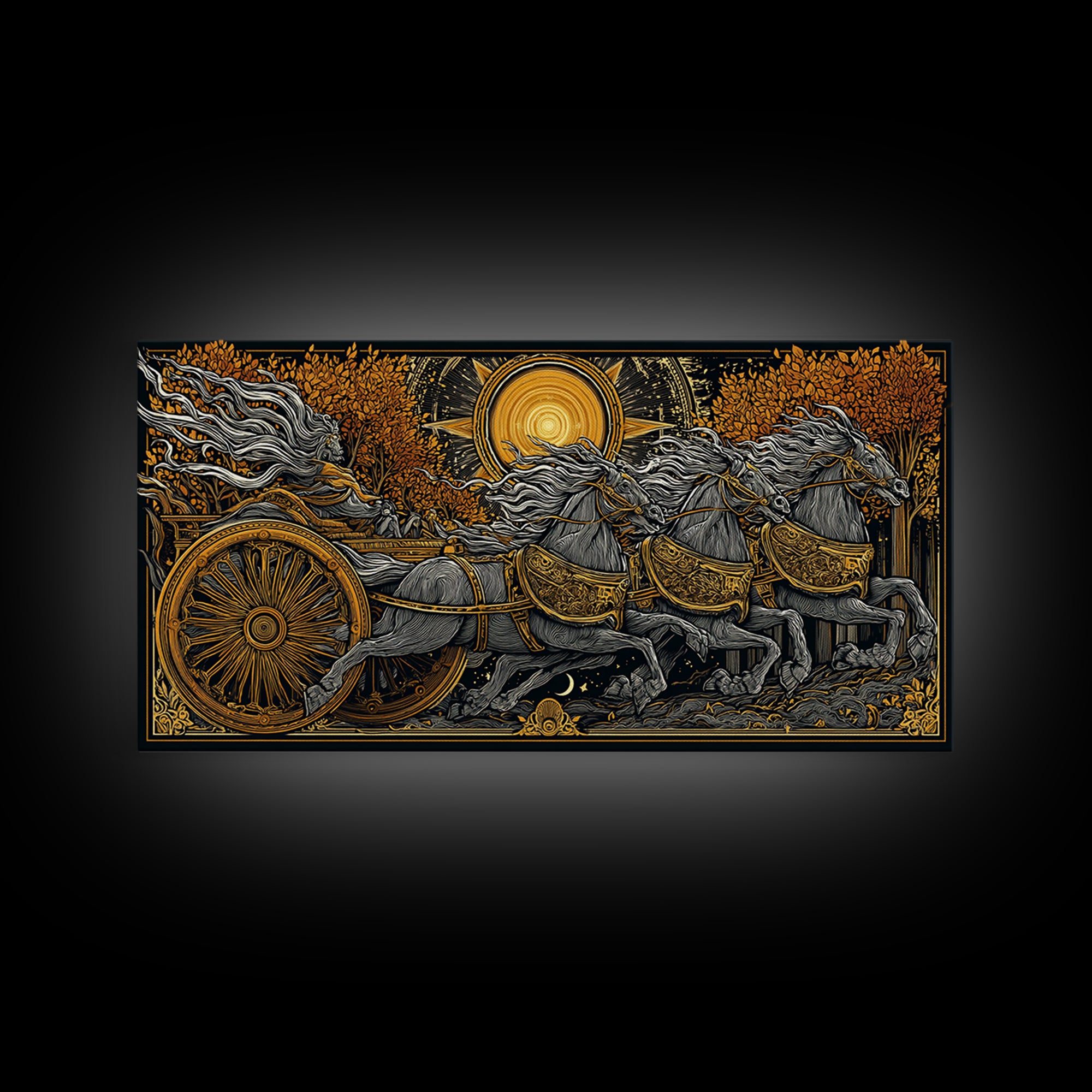Chariot Of The Dawn, Gold Canvas Art, Real Wood Frame, Mythology Inspired Wall Decor, Horse And Rider Artwork