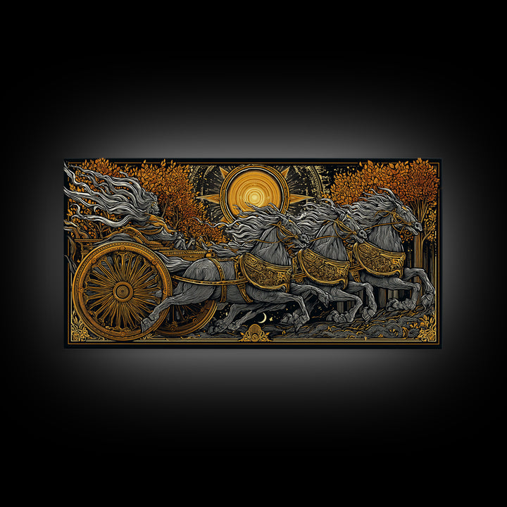 Chariot Of The Dawn, Gold Canvas Art, Real Wood Frame, Mythology Inspired Wall Decor, Horse And Rider Artwork