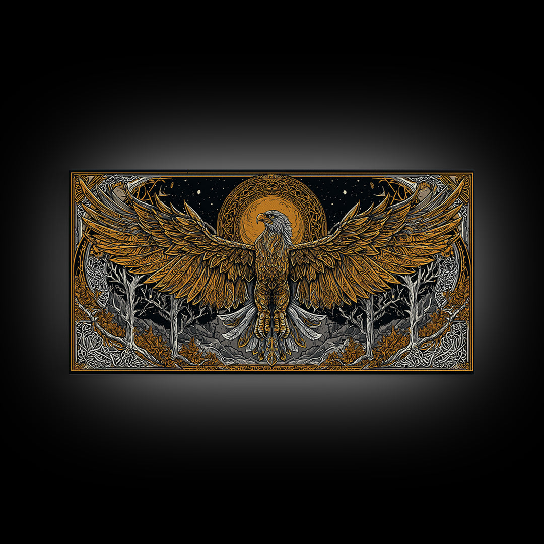 Golden Eagle Over Moonlit Forest, Gold Canvas Art, Real Wood Frame, Intricate Line Art, Majestic Bird Wall Decor