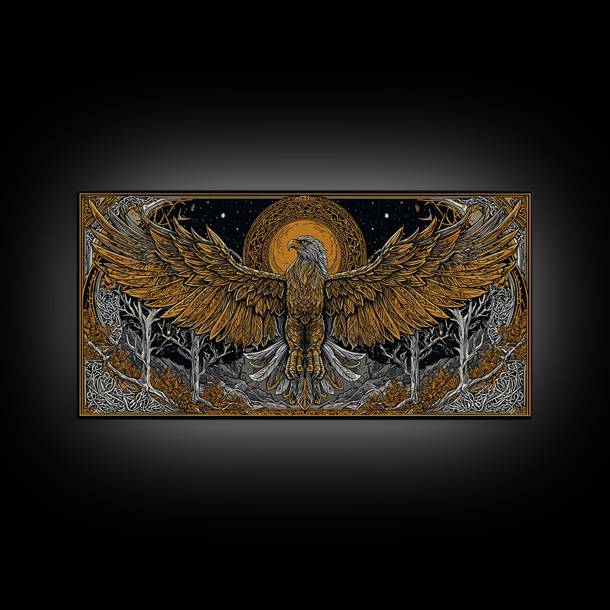 Golden Eagle Over Moonlit Forest, Gold Canvas Art, Real Wood Frame, Intricate Line Art, Majestic Bird Wall Decor