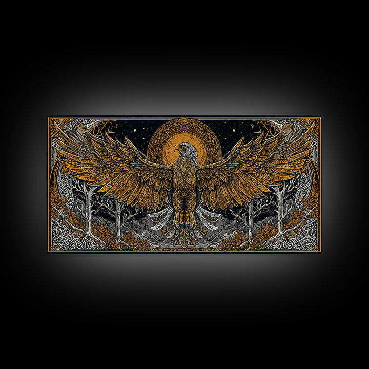 Golden Eagle Over Moonlit Forest, Gold Canvas Art, Real Wood Frame, Intricate Line Art, Majestic Bird Wall Decor