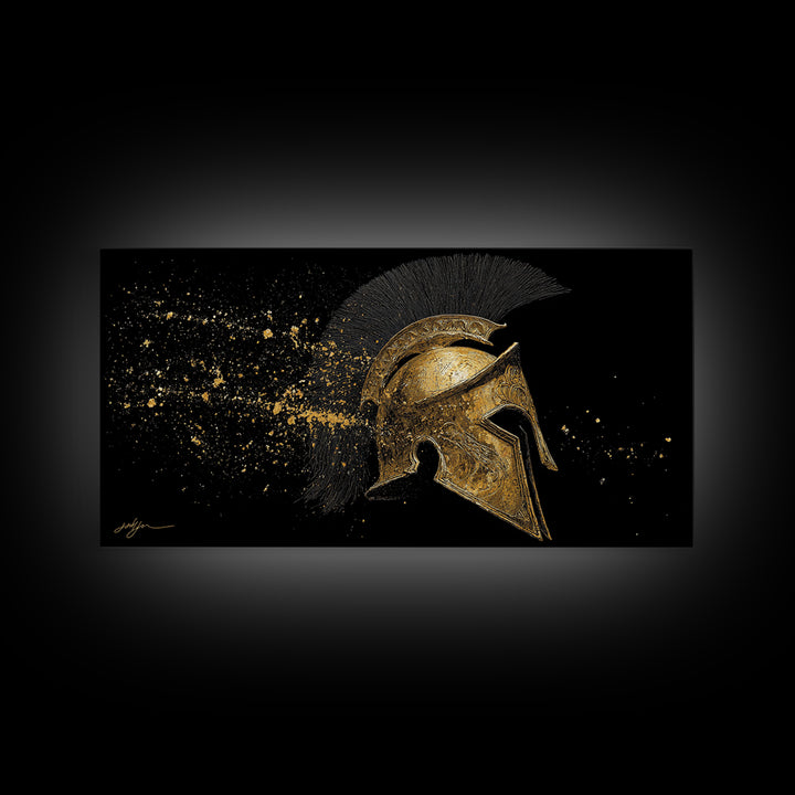 Golden Spartan Helmet, Gold Canvas Art, Real Wood Frame, Splatter Style Warrior Armor, Mythology Inspired Artwork
