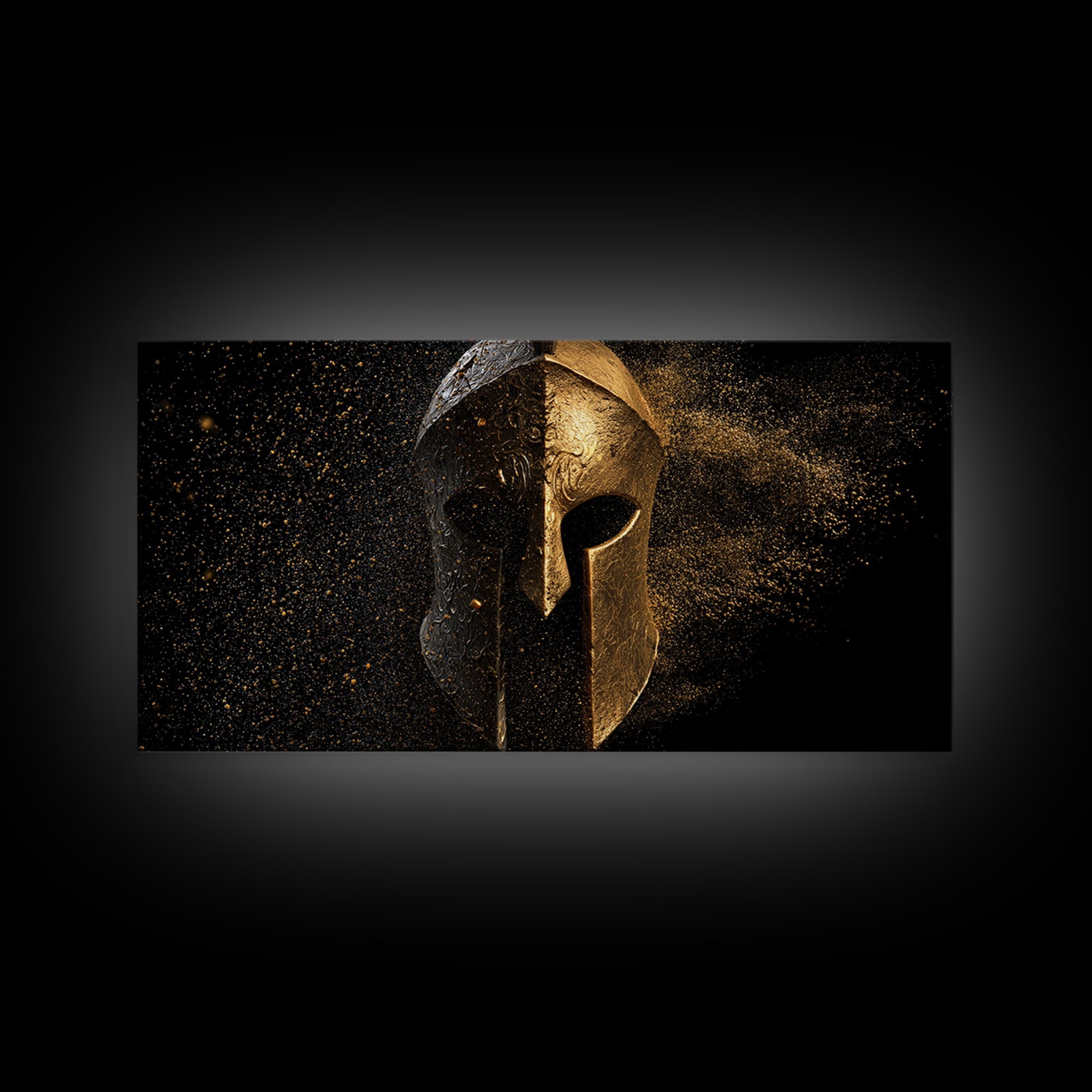 Half Gold Spartan Helmet, Gold Canvas Print, Real Wood Frame, Splatter Style Warrior Armor, Ancient Battle Artwork
