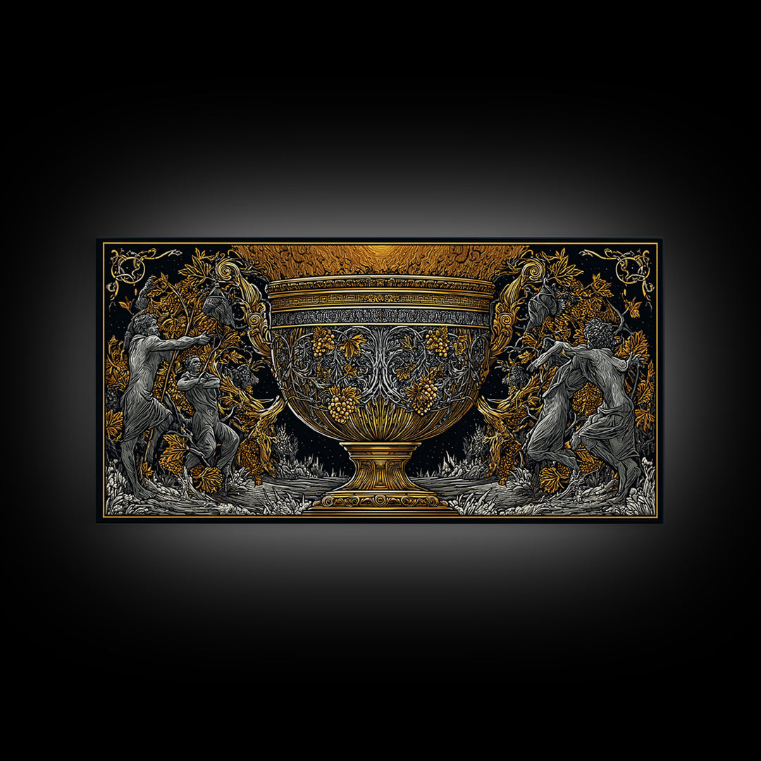 Golden Ornate Chalice, Gold Canvas Art, Real Wood Frame, Mythology Inspired Wall Decor, Classical Celebration Scene