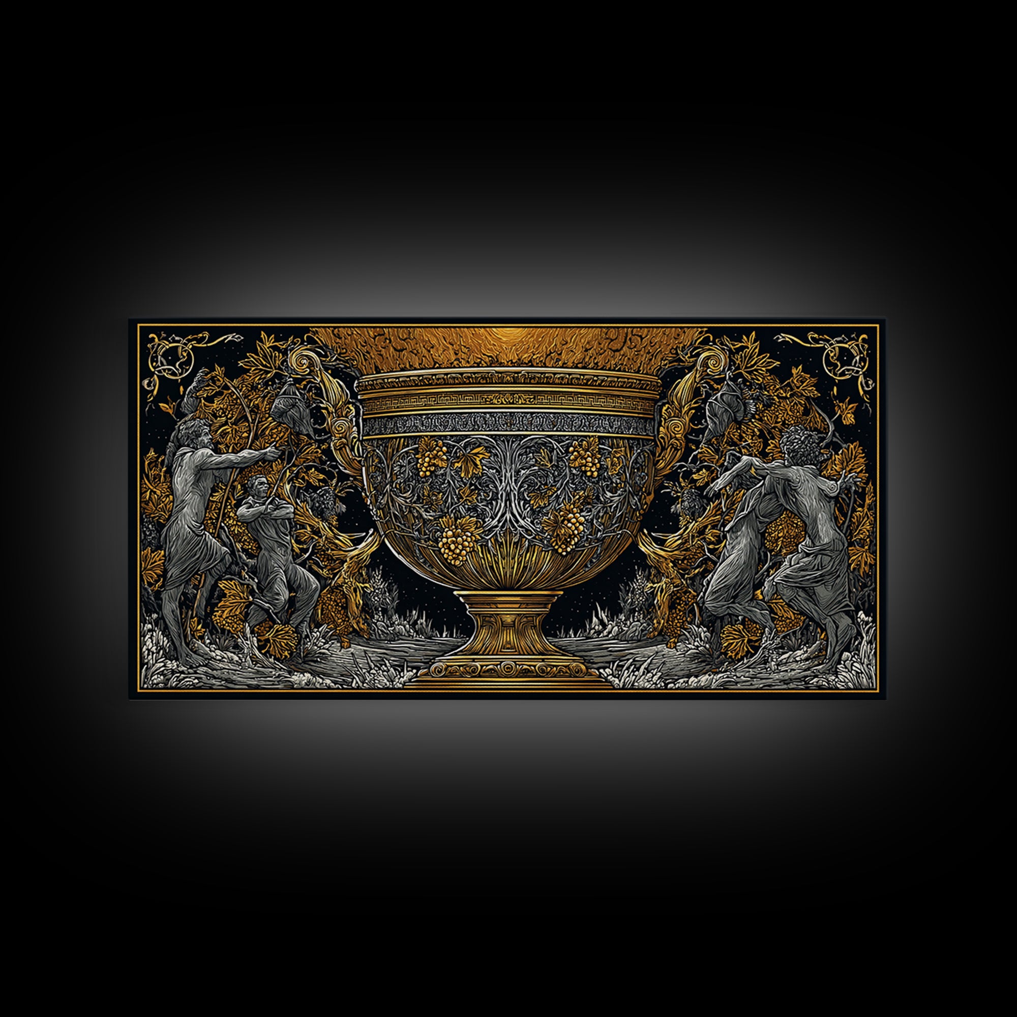 Golden Ornate Chalice, Gold Canvas Art, Real Wood Frame, Mythology Inspired Wall Decor, Classical Celebration Scene