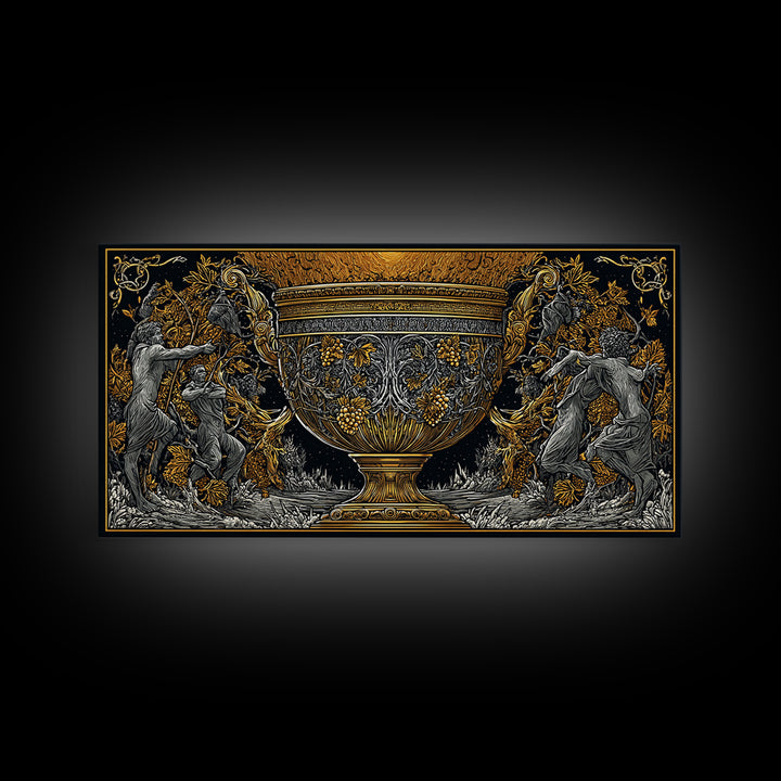 Golden Ornate Chalice, Gold Canvas Art, Real Wood Frame, Mythology Inspired Wall Decor, Classical Celebration Scene