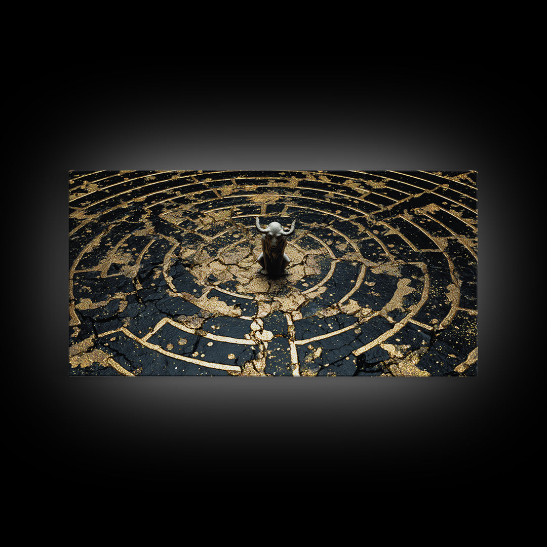 Minotaur In Labyrinth, Gold Canvas Print, Real Wood Frame, Mythology Inspired Wall Art, Ancient Maze Artwork