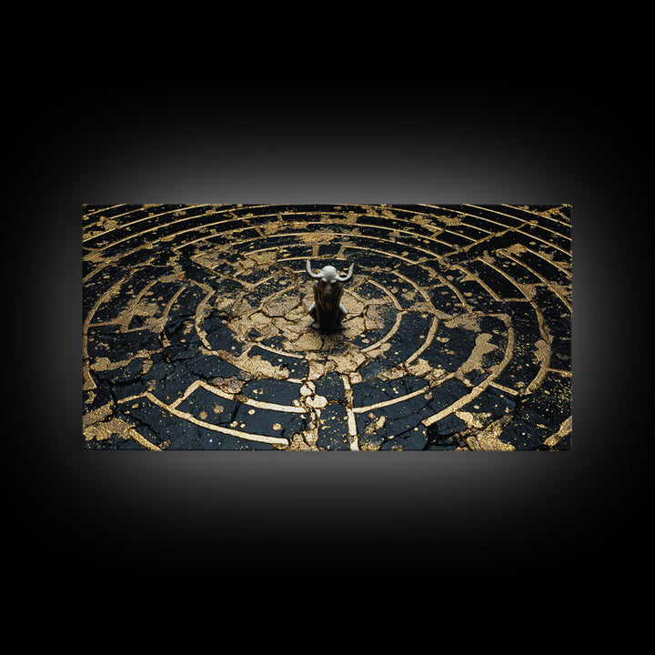 Minotaur In Labyrinth, Gold Canvas Print, Real Wood Frame, Mythology Inspired Wall Art, Ancient Maze Artwork