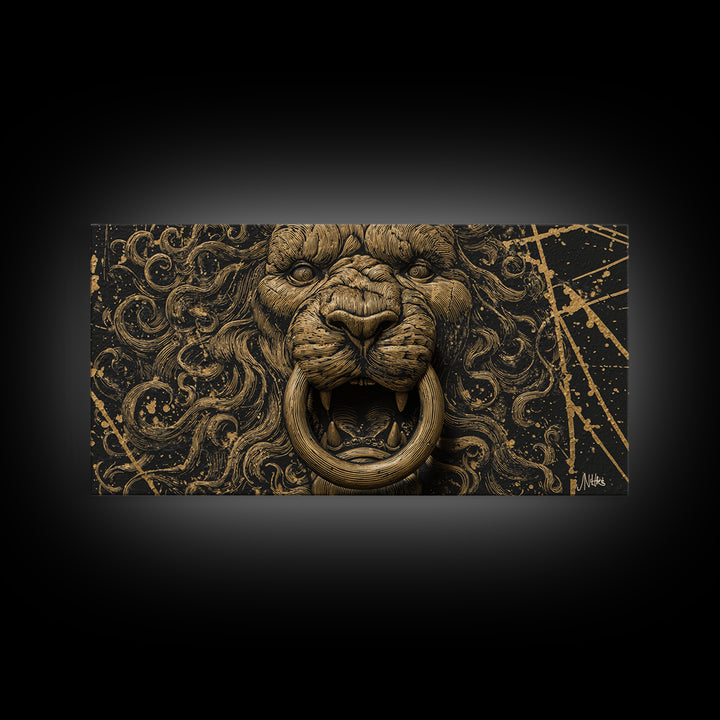 Golden Lion Door Knocker Close Up, Gold Canvas Art, Real Wood Frame, Splatter Style Animal Decor, Regal Lion Artwork