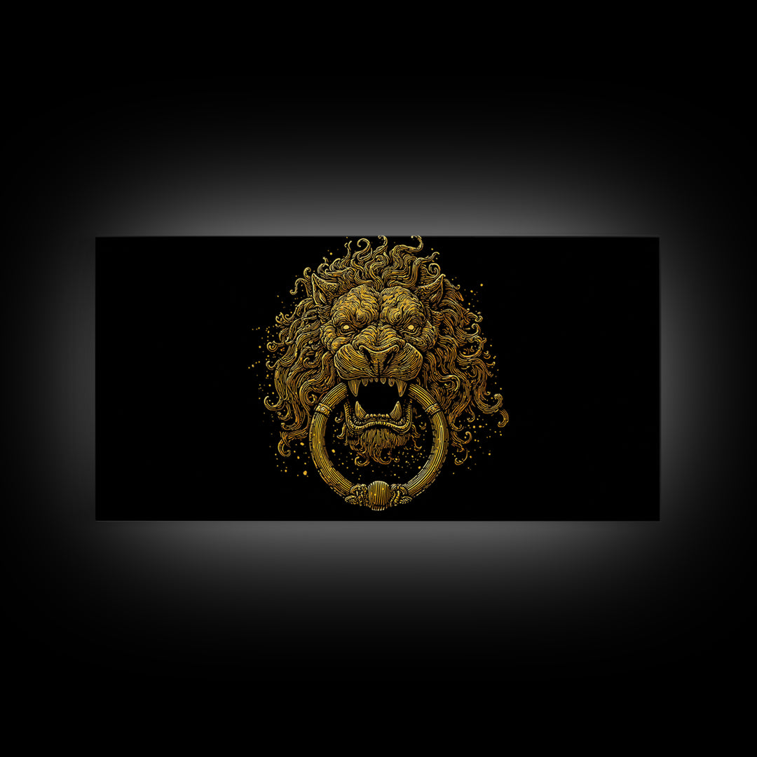 Golden Lion Door Knocker, Gold Canvas Print, Real Wood Frame, Majestic Animal Wall Art, Regal Gold Illustration