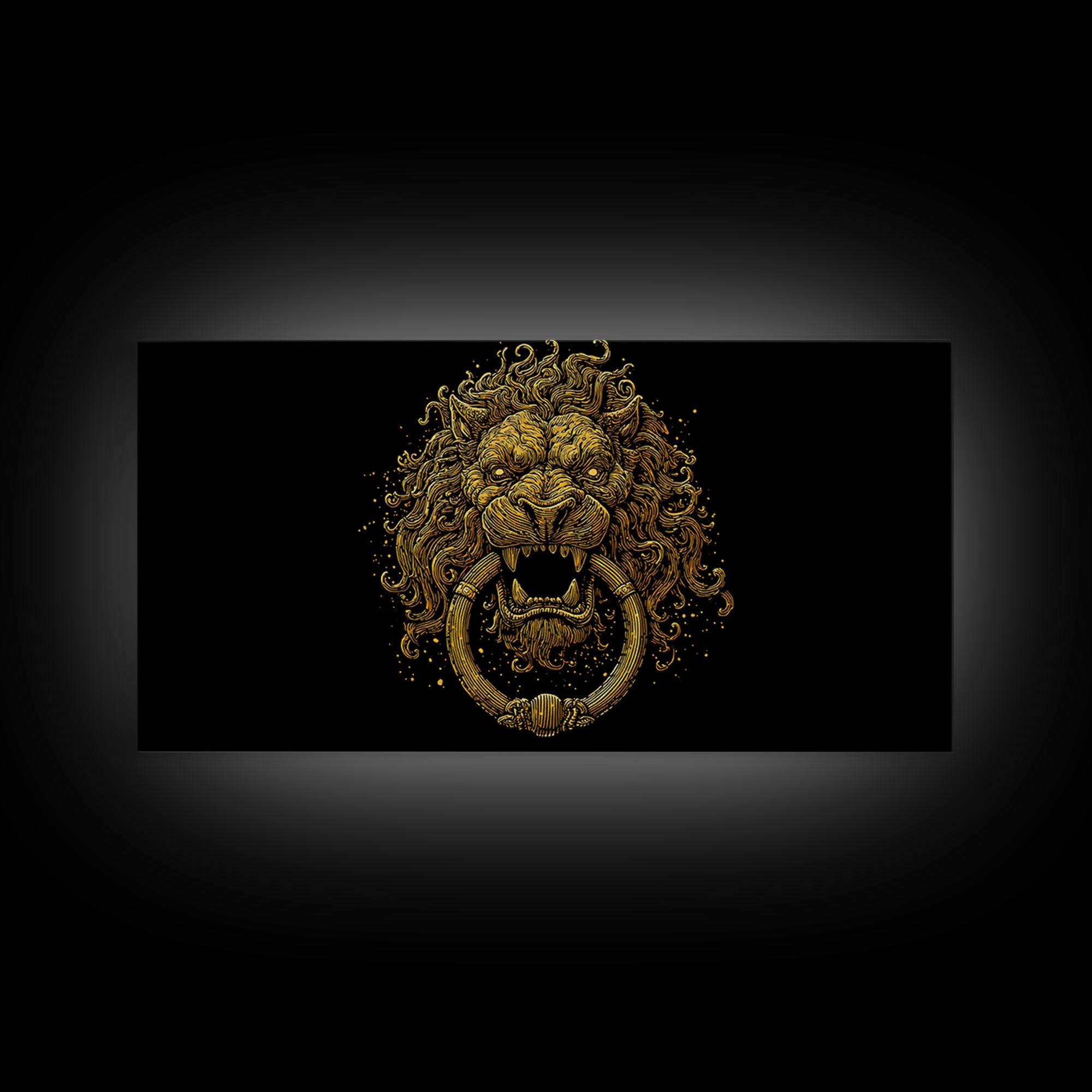 Golden Lion Door Knocker, Gold Canvas Print, Real Wood Frame, Majestic Animal Wall Art, Regal Gold Illustration