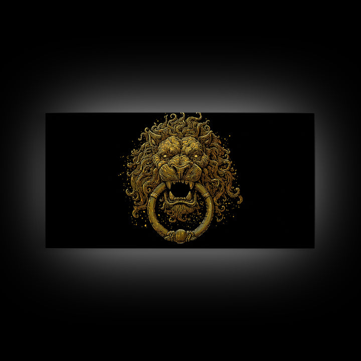 Golden Lion Door Knocker, Gold Canvas Print, Real Wood Frame, Majestic Animal Wall Art, Regal Gold Illustration