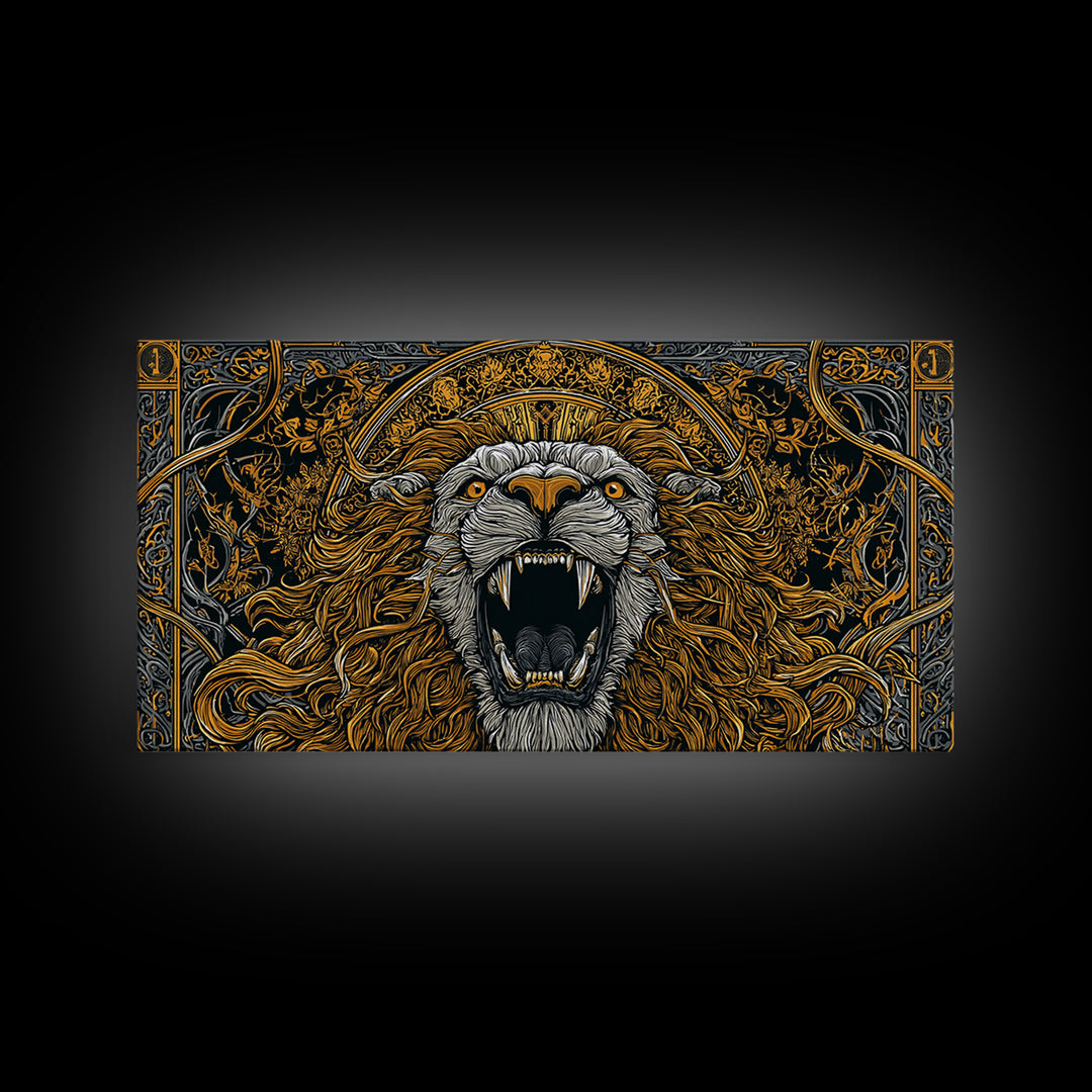 Roaring Golden Lion, Gold Canvas Art, Real Wood Frame, Mythology Inspired Animal Decor, Powerful Lion Wall Artwork
