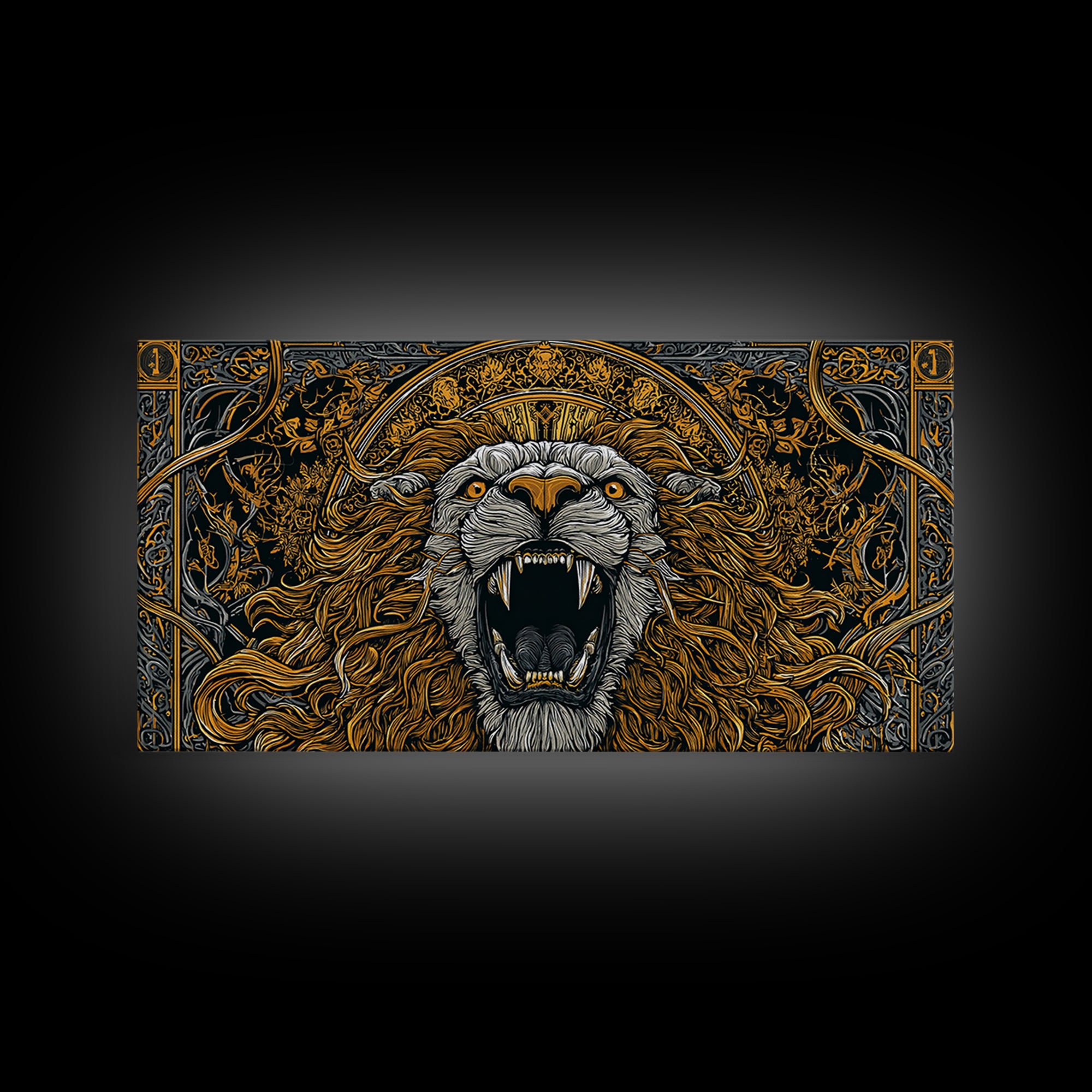 Roaring Golden Lion, Gold Canvas Art, Real Wood Frame, Mythology Inspired Animal Decor, Powerful Lion Wall Artwork