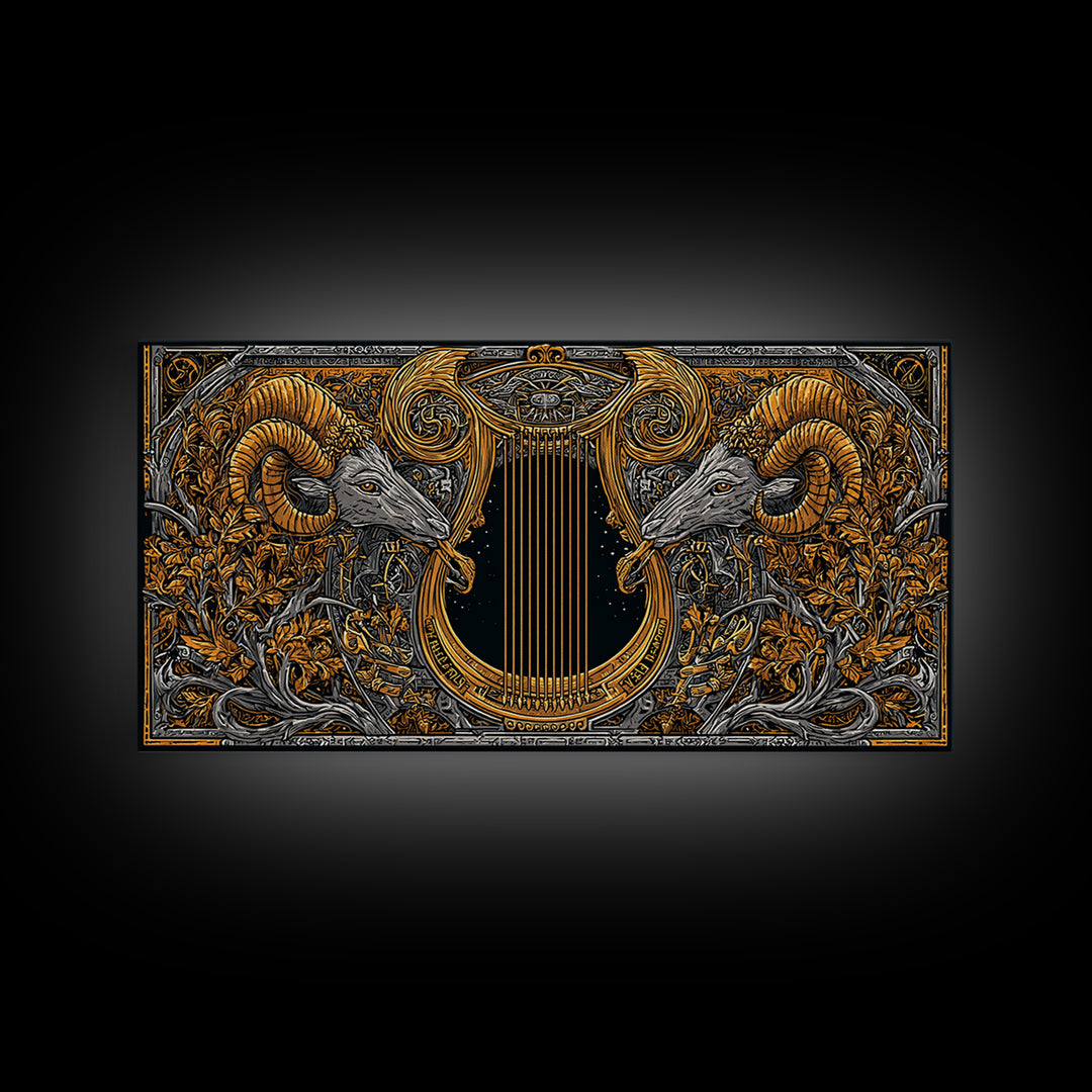Ornate Ram Lyre, Gold Canvas Print, Real Wood Frame, Mythology Inspired Musical Art, Classical Decorative Artwork