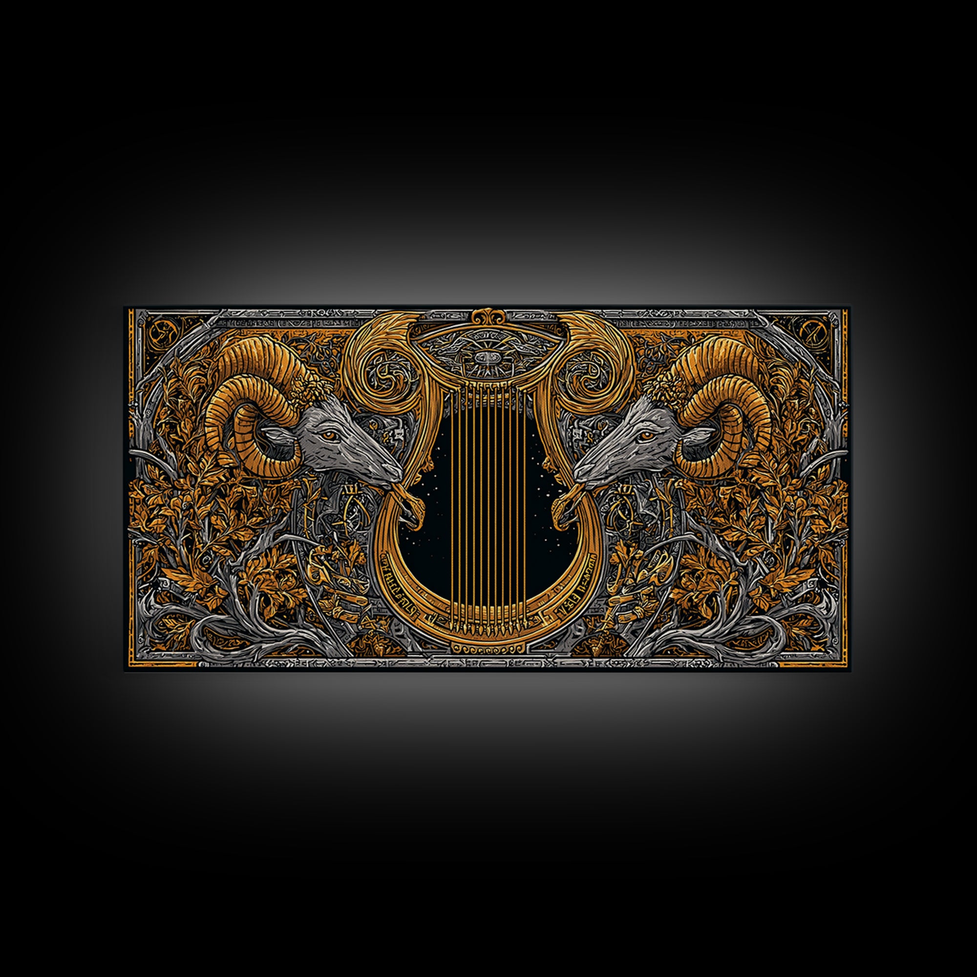 Ornate Ram Lyre, Gold Canvas Print, Real Wood Frame, Mythology Inspired Musical Art, Classical Decorative Artwork