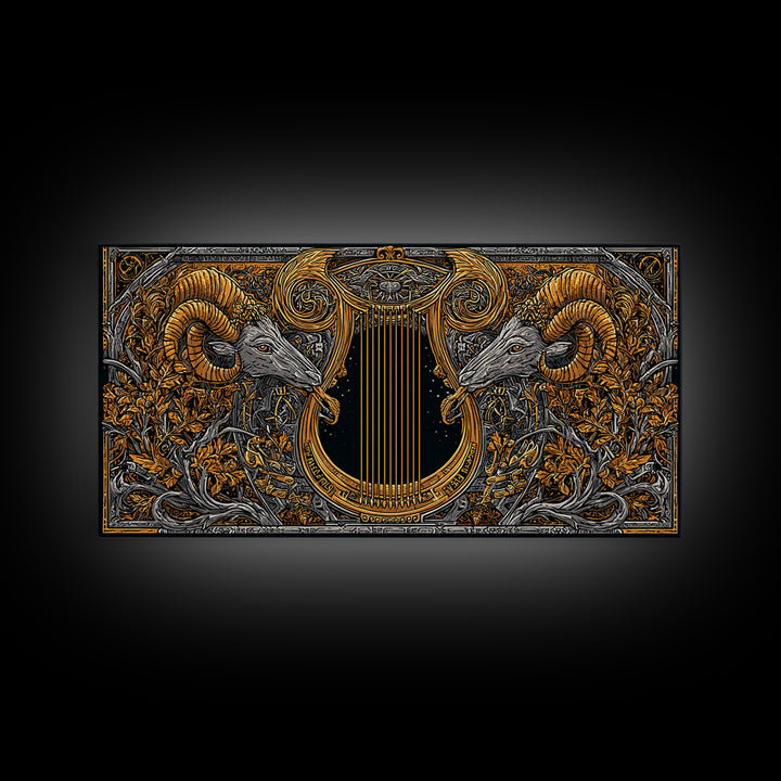 Ornate Ram Lyre, Gold Canvas Print, Real Wood Frame, Mythology Inspired Musical Art, Classical Decorative Artwork
